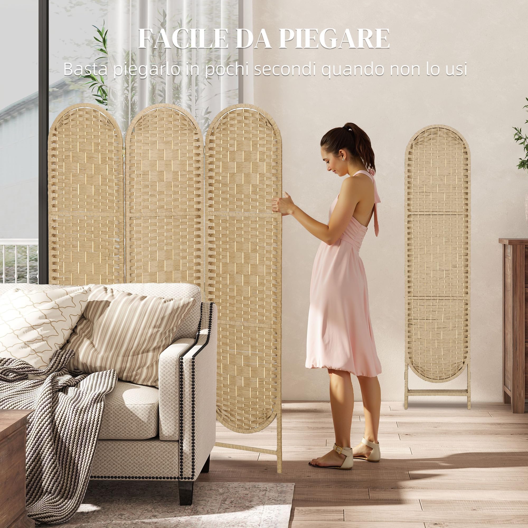 HOMCOM Paravento da Interni Pieghevole 3 Pannelli 120x170 cm Color Legno | Separé Divisorio per Ambienti Autoportante, Stile Bohemien, Carta e Legno di Pino, per Casa, Soggiorno