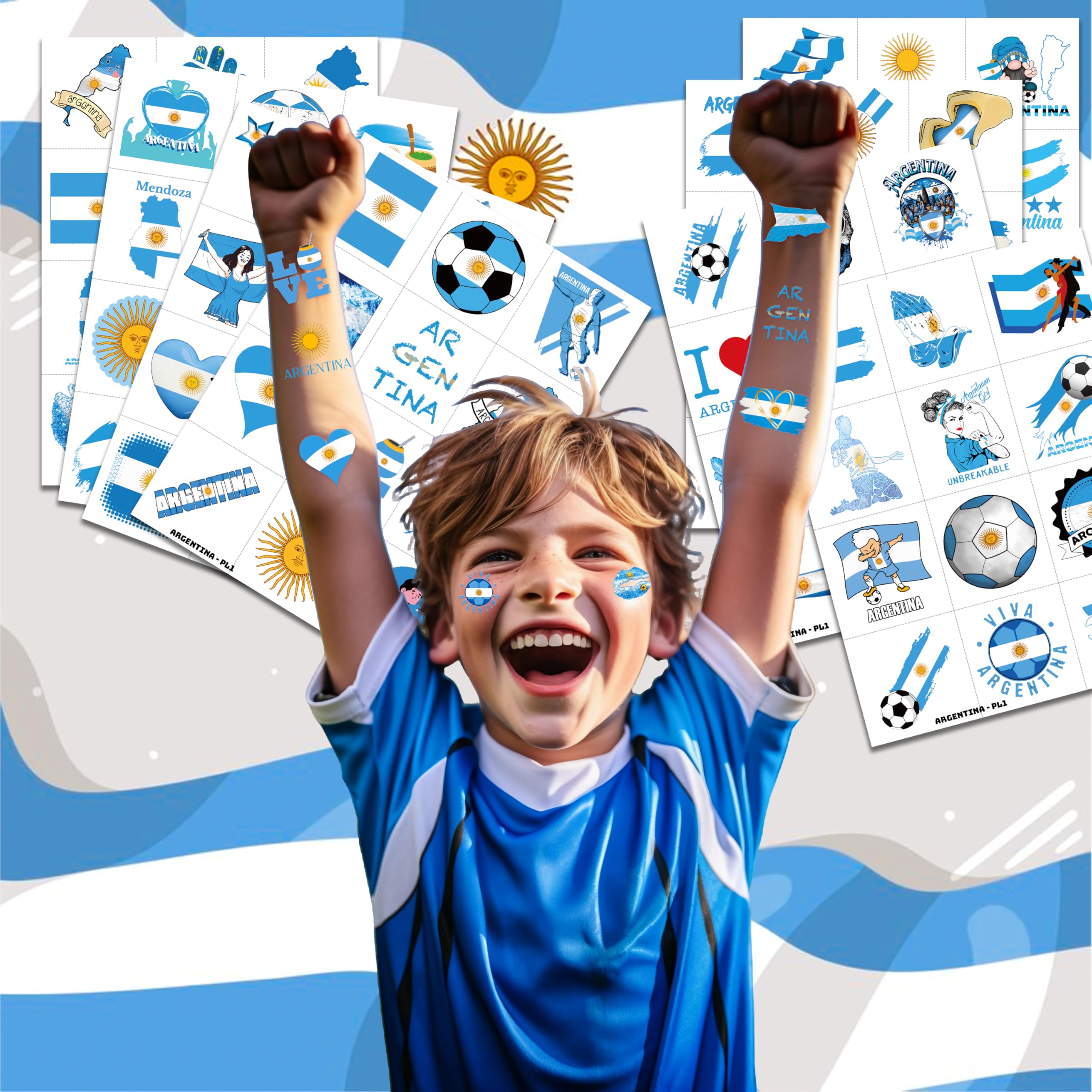 96 PCS Argentina Pre-Cut Soccer Flag Temporary Tattoos Themed Birthday Party Decorations Supplies Decor Favors Football Blue Argentinian Tattoo Stickers Gifts For Game Boys Girls Class School Prizes