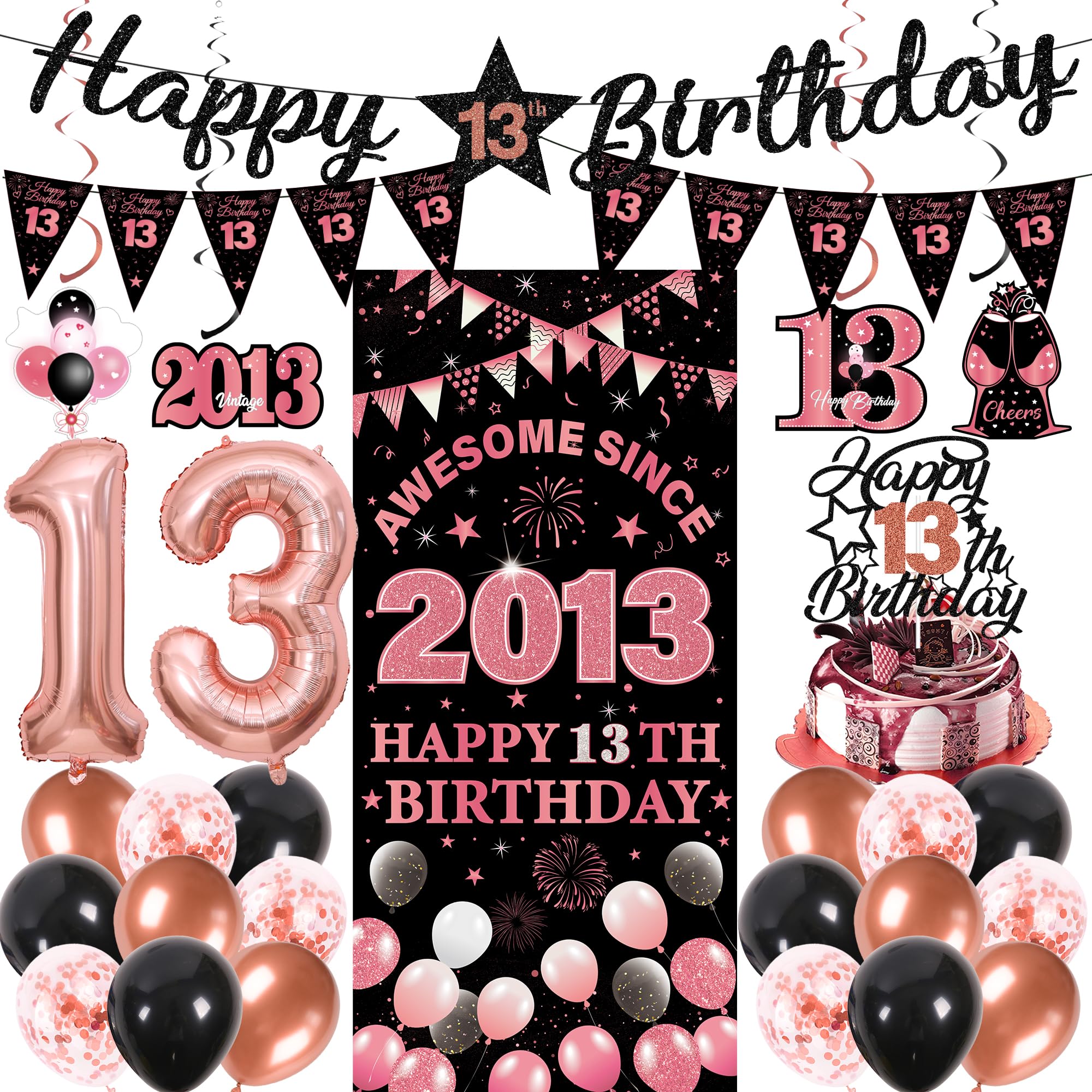 13th Birthday Decorations Girls Kit - 27 Pcs Black Rose Gold Happy 13th Birthday Banner Triangular Flag Hanging Swirls Backdrop Cake Topper 13 Balloon Set for 13 Years Old Party Decoration Supplies