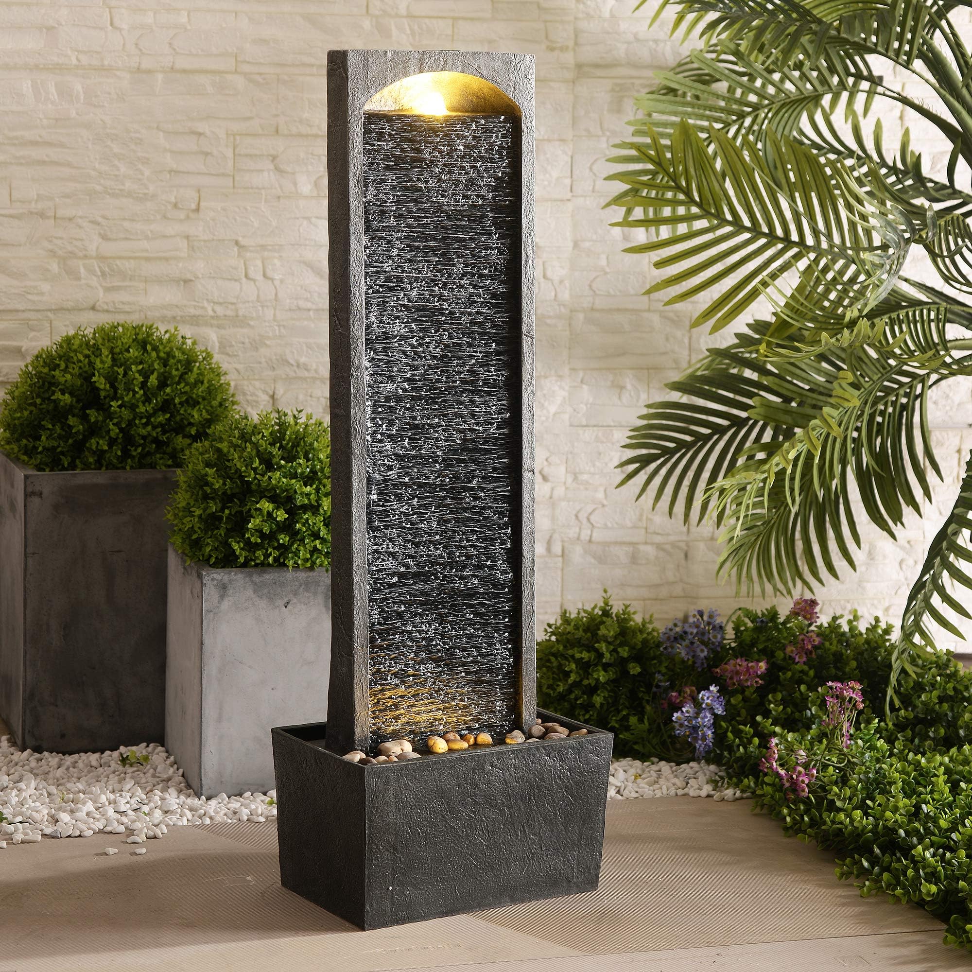 Teamson Home 38.5" Faux Slate Contemporary Outdoor LED Waterfall Fountain with Pebble Base, Gray/Black