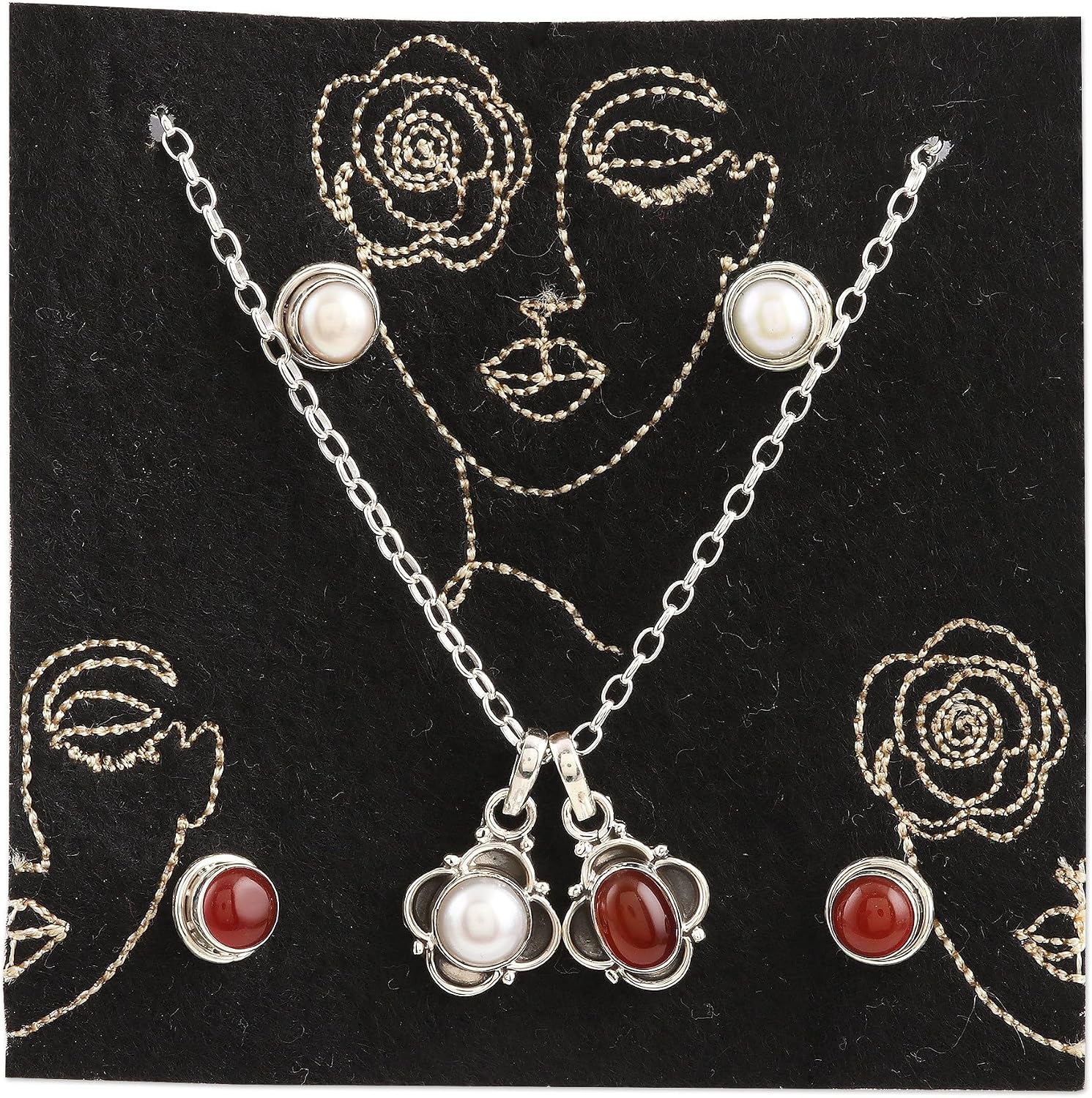 NOVICA Artisan Handmade Cultured Pearl Carnelian Jewelry Set Crafted Sterling Silver Pendant India Gemstone Birthstone [earrings 0.3 in L x 0.3 in W x 0.2 in D Earrings 0.3 in L x 0.3 in W x 0.2 in D]