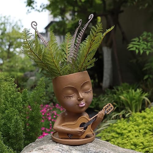 Miniatura 2 de Dolkgy Macetas de cara para plantas, bonita maceta de cara de mujer negra, maceta novedosa para niñas con bandeja para plantas de interior y