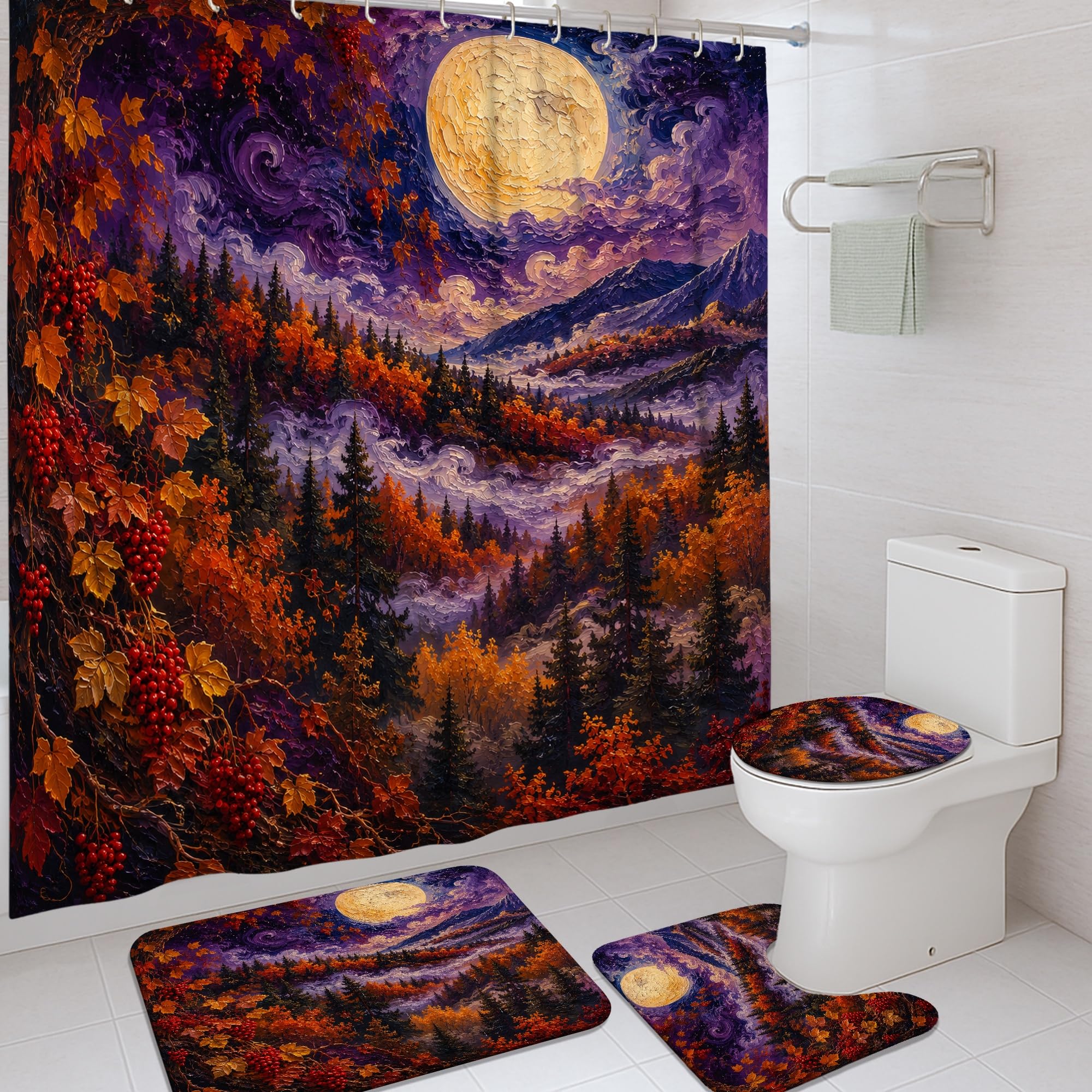 Rideau de douche lavable motif paysage montagne avec tapis de bain et crochets