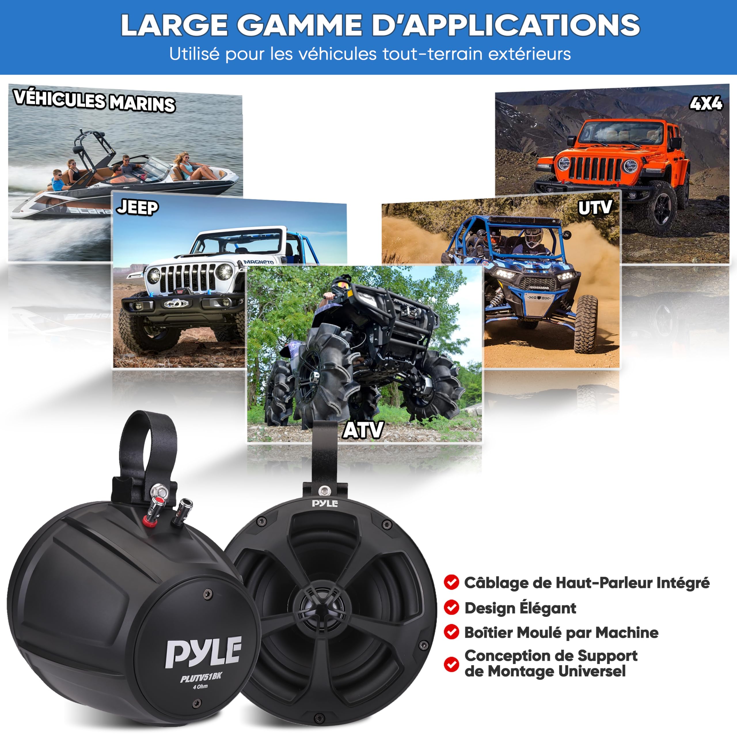 Pyle Haut-Parleurs Tout-Terrain Étanches 2 Voies 10,2 cm – Système Audio Marine 800 W avec Bluetooth, Lumières RGB et Télécommande – Enceintes Tour Wakeboard Stéréo