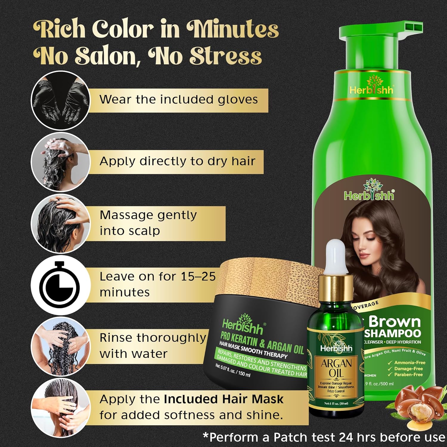Herbishh Dark Brown 3 in 1 Hair Dye Shampoo 500 ML + Travel Size Dye Shampoo pack of 10, 30 ML Each - Champu Para Canas Muje