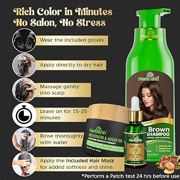 Herbishh After Colour Shampoo Combo Contains Hair Colour Shampoo Hair Colour 500 ml Argan Oil 30 ml Pro Keratin and Argan Hair Mask 100 g for Hair Straightening Shine and Protection (Dark Brown)