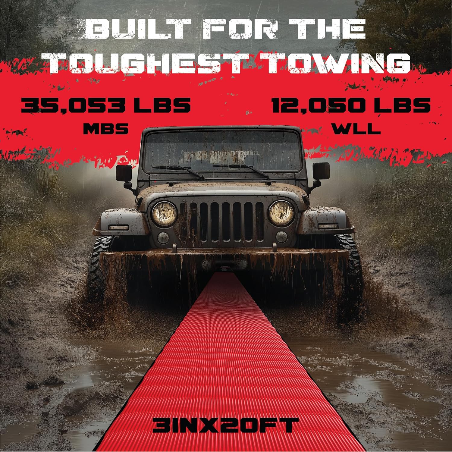 GearAmerica Heavy Duty 3"x20' Tow & Winch Strap - Tree Saver with 35,053 lb Break Strength - Offroad Recovery Rope, Weather Resistant - Triple Reinforced Loops (Red) - Tow Strap - Image 2
