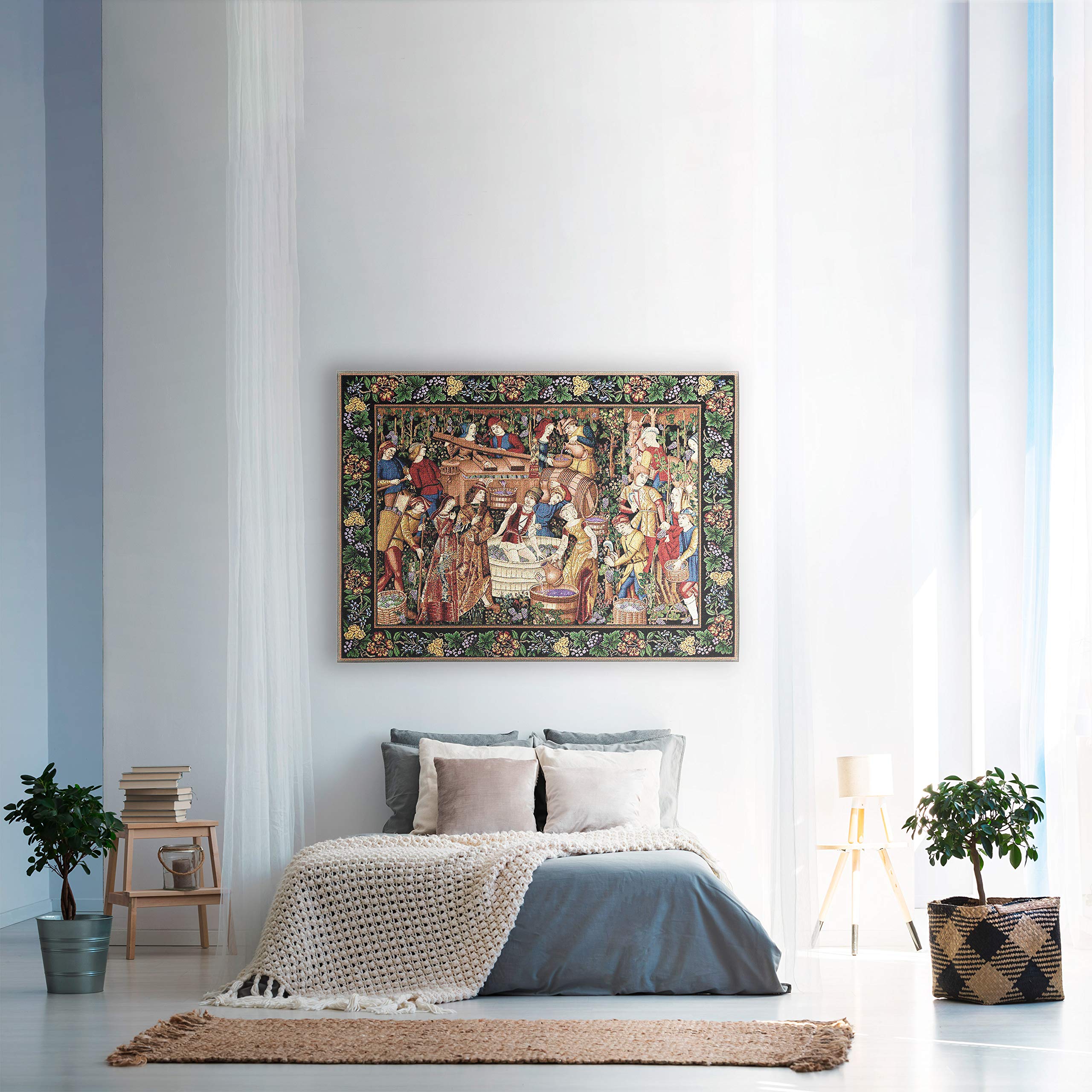 Les Vendanges Grape Harvest | Woven Tapestry Wall Art Hanging | French Belgian Style Winery Decor | 100% Cotton USA Size 75x53