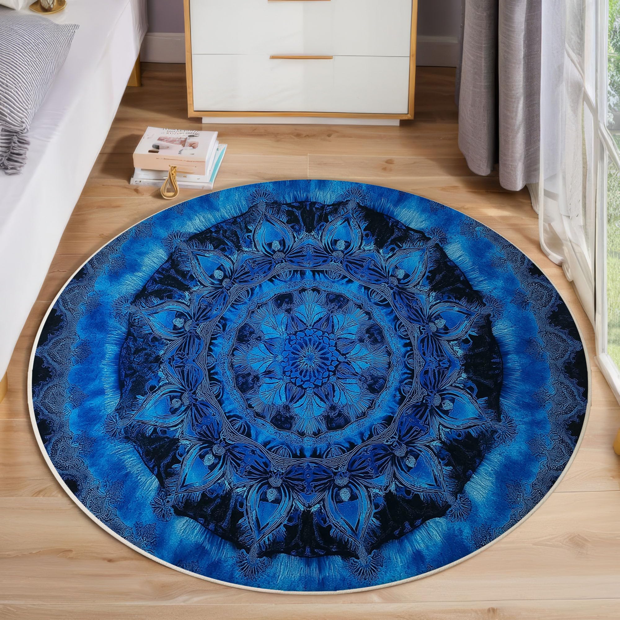 Tapis Rond à Poils Ras Mandala Antidérapant Lavable Tapis de Sol Style Tie-Dye Moquette Décoration pour Salon Chambre Canapé Descente de lit, 180cm, Indigo