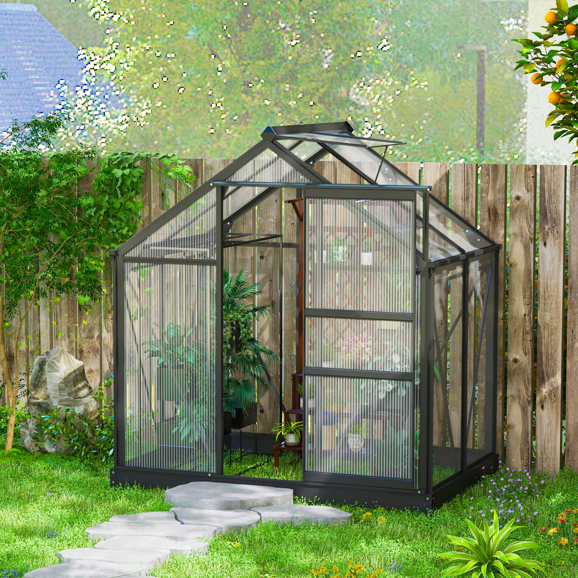 Outsunny Serra da Giardino in Policarbonato con Telaio in Lega di Alluminio 2.51㎡, Serra per Orto con Grondaie, Finestra a Tetto per Ventilazione, Porta Scorrevole, per Piante, 190x132x201cm, Grigio