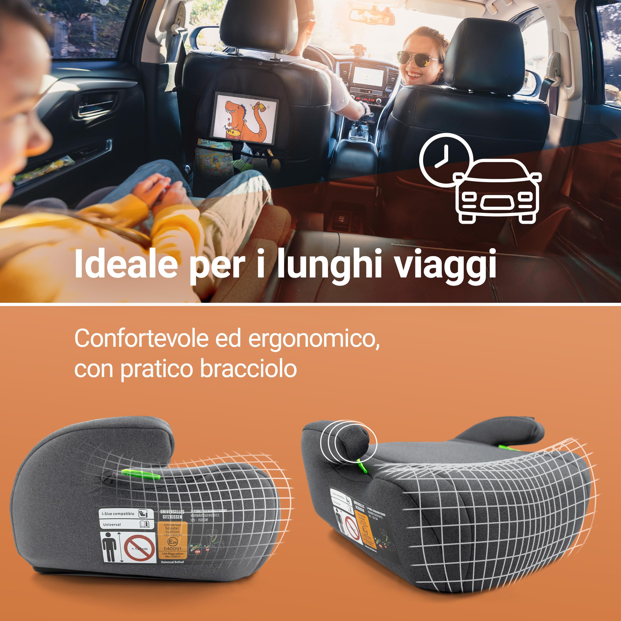 Zamboo rialzo auto i-Size 125–150 cm | fissaggio con cintura a 3 punti, omologato ECE R129/04 | alzatina auto bimbi imbottito con rivestimento sfoderabile e lavabile – grigio