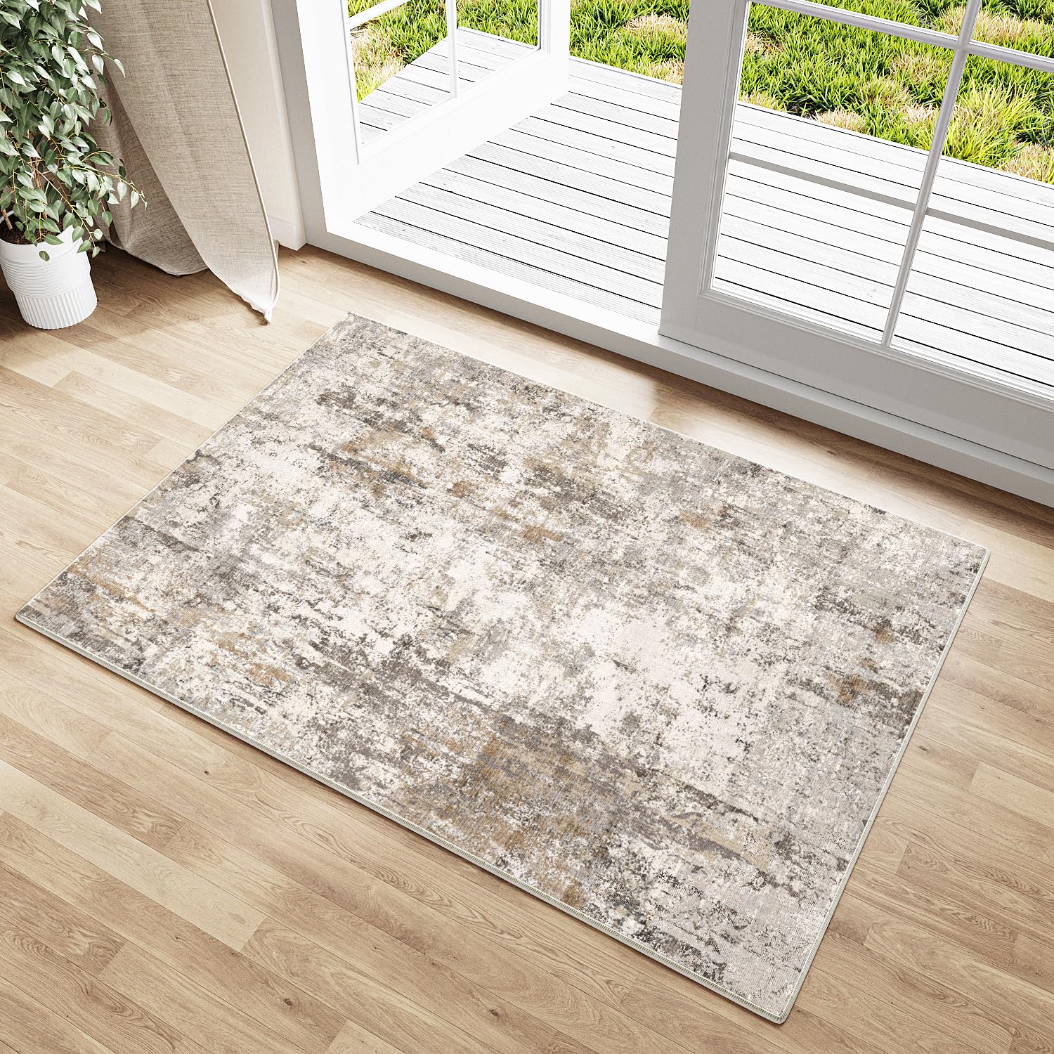 HUGEAR Washable Hallway Runner Rug 80x400cm Brown Grey Non Slip Abstract Natural Neutral Modern Long Carpet Runners Kitchen Bedroom Lounge Bedside Low Pile Carpets