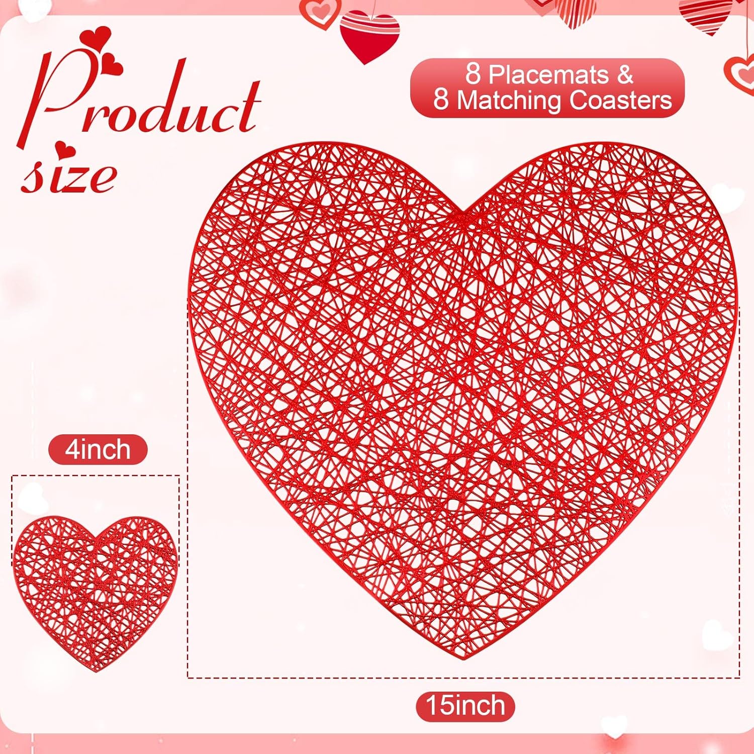 Eaasty 8 Sets Valentine's Day Placemats and Coaster Red Heart Place Mats Love Coaster 15 inch Metallic PVC Washable Valentines Day Table Decoration Valentine's Table Mats for Wedding Anniversary Party