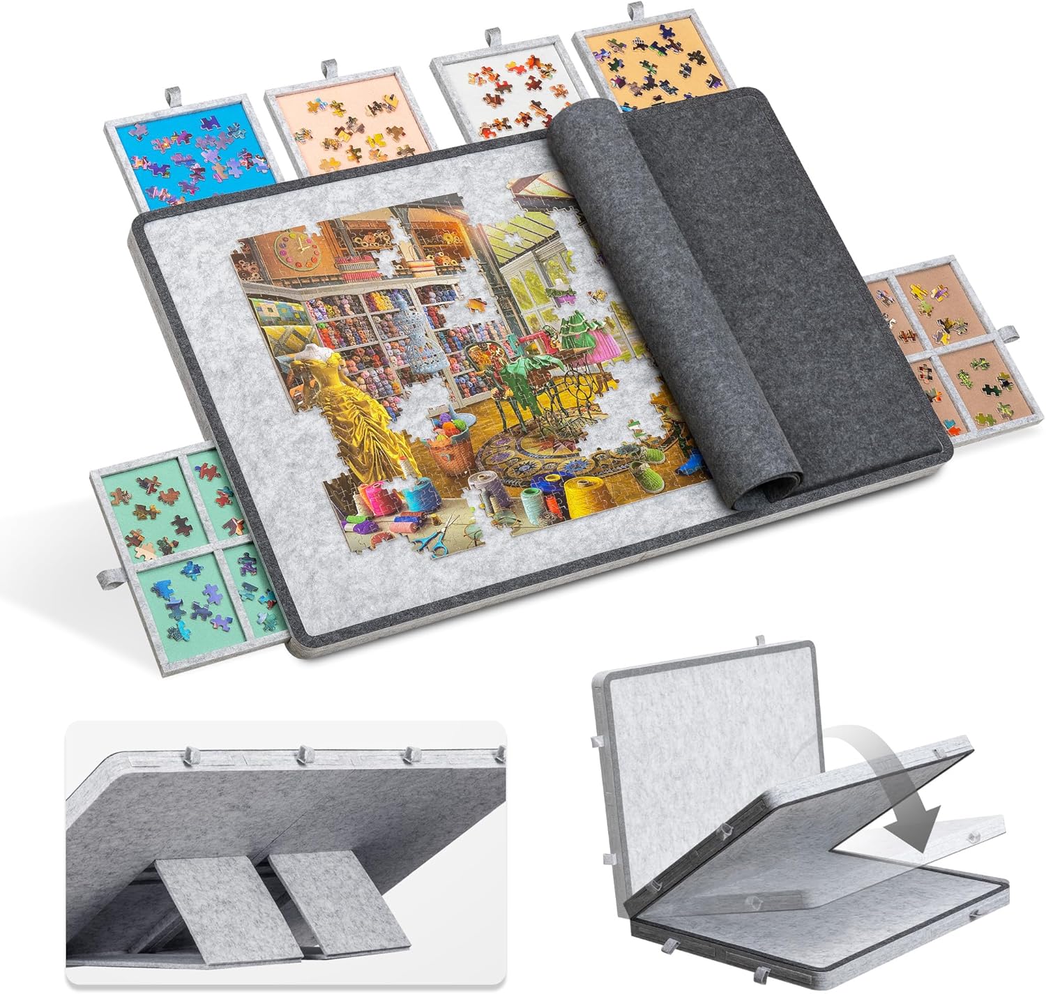 1500 Piece Tilting Jigsaw Puzzle Board with 6 Colorful Drawers & Cover, Foldable Jigsaw Puzzle Table with 3 Angle Adjustable Built-in Easel/Stand, Lightweight Game Boards for Adults