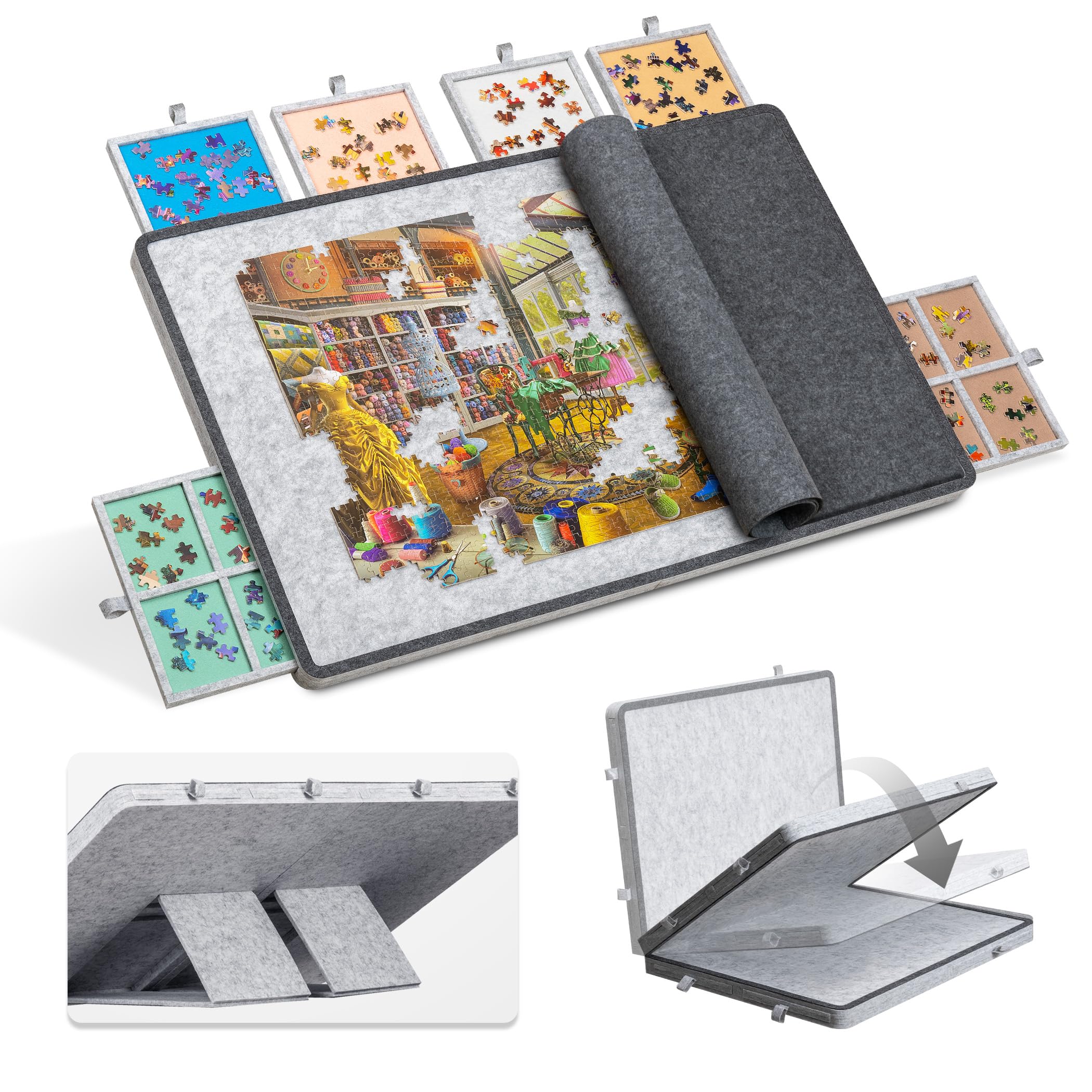 1500 Piece Tilting Jigsaw Puzzle Board with 6 Colorful Drawers & Cover, Foldable Jigsaw Puzzle Table with 3 Angle Adjustable Built-in Easel/Stand, Lightweight Game Boards for Adults