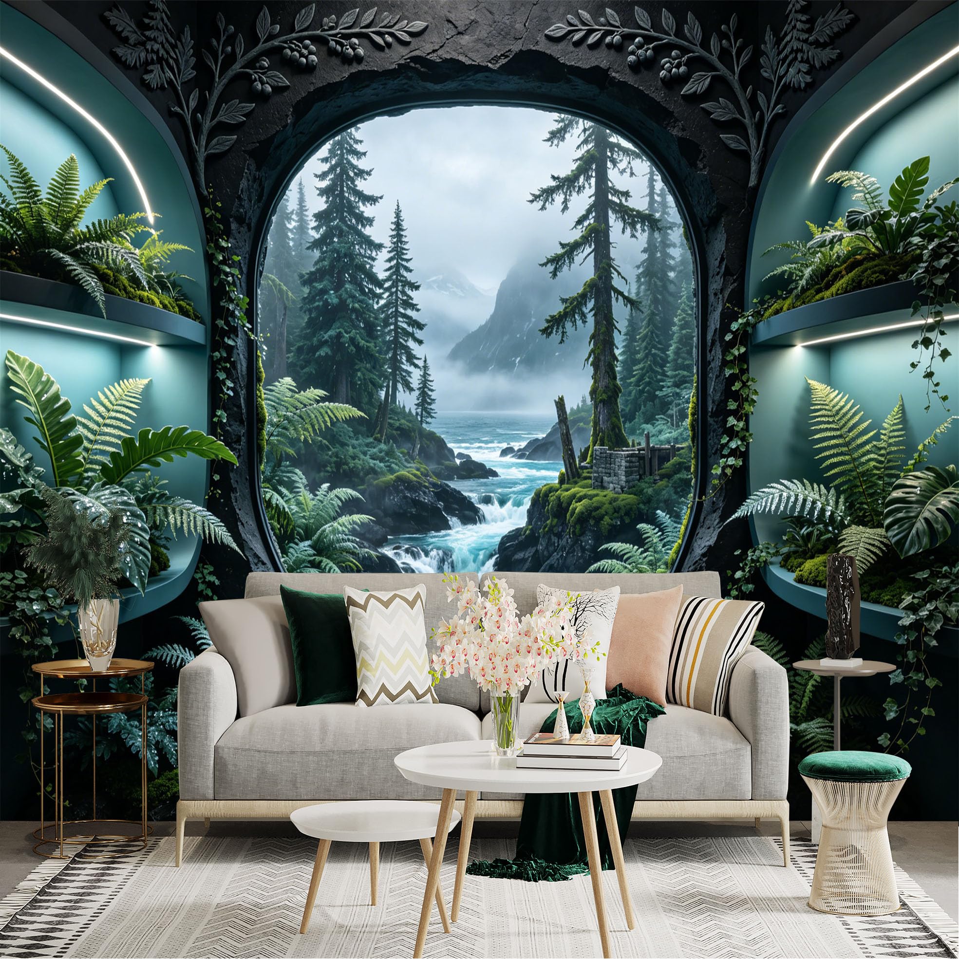Custom Size Wall Sticker Mural， Misty Forest with Waterfall， Mountain River and Green Ferns， for wall Decoration， peelandstick wall Decals.