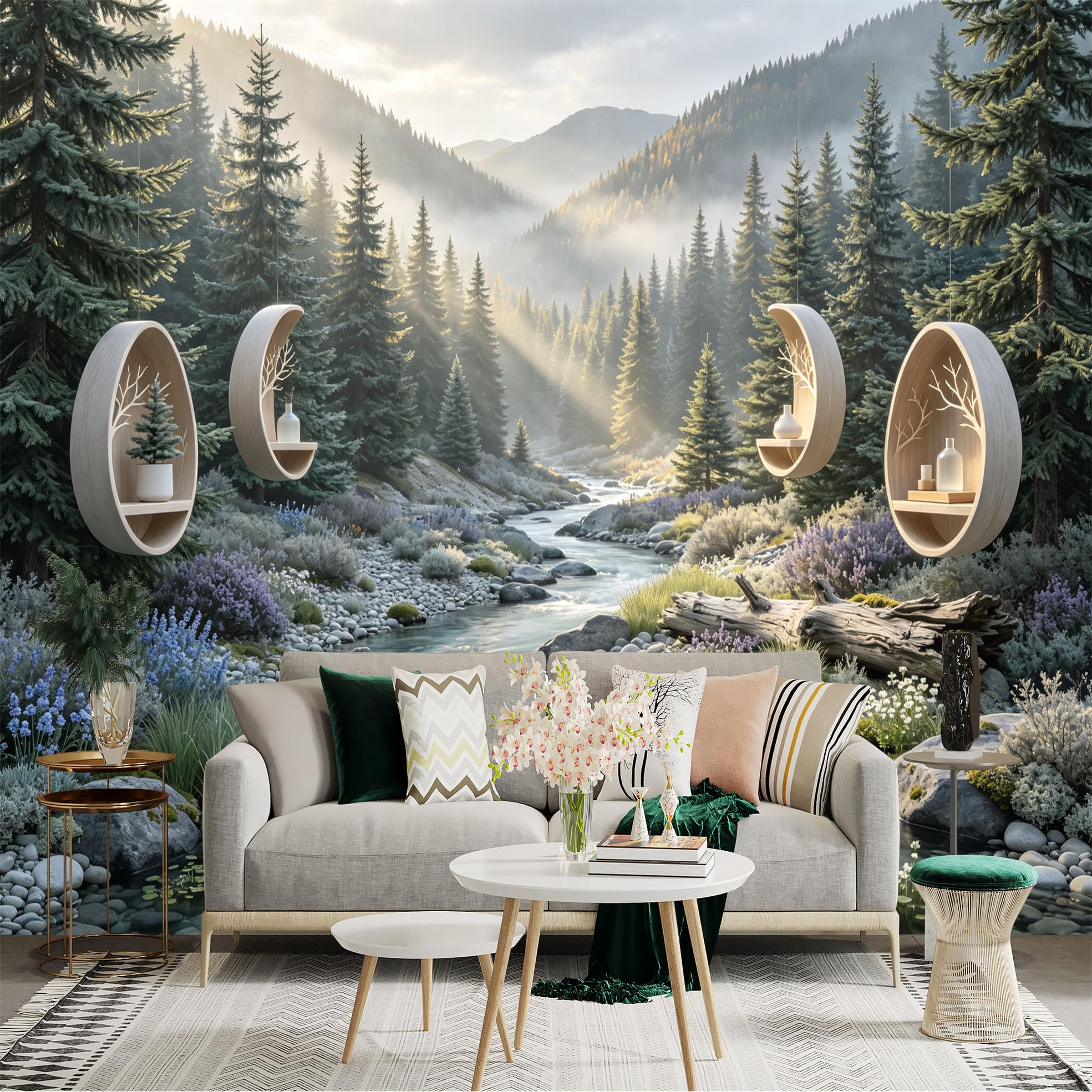 Lnzczhyre Bh260719504 Custom Size Wall Sticker Mural， Serene Mountain River， Morning Sunbeams， Floating Wooden Crescent Shelves， Misty Evergreen Forest， For Wall Decoration， Peelandstick Wall Decals.