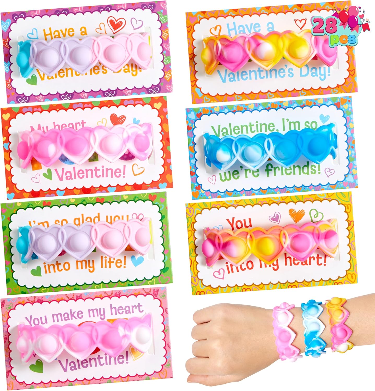 JOYIN 28 PCS Valentine's Day Gifts Cards with Heart Pop Fidget Bracelets, Stress Relief Pop Bubble Fidget Toys for Kids Girls Boys Valentines Classroom School Exchange Gifts, Party Favor Prizes