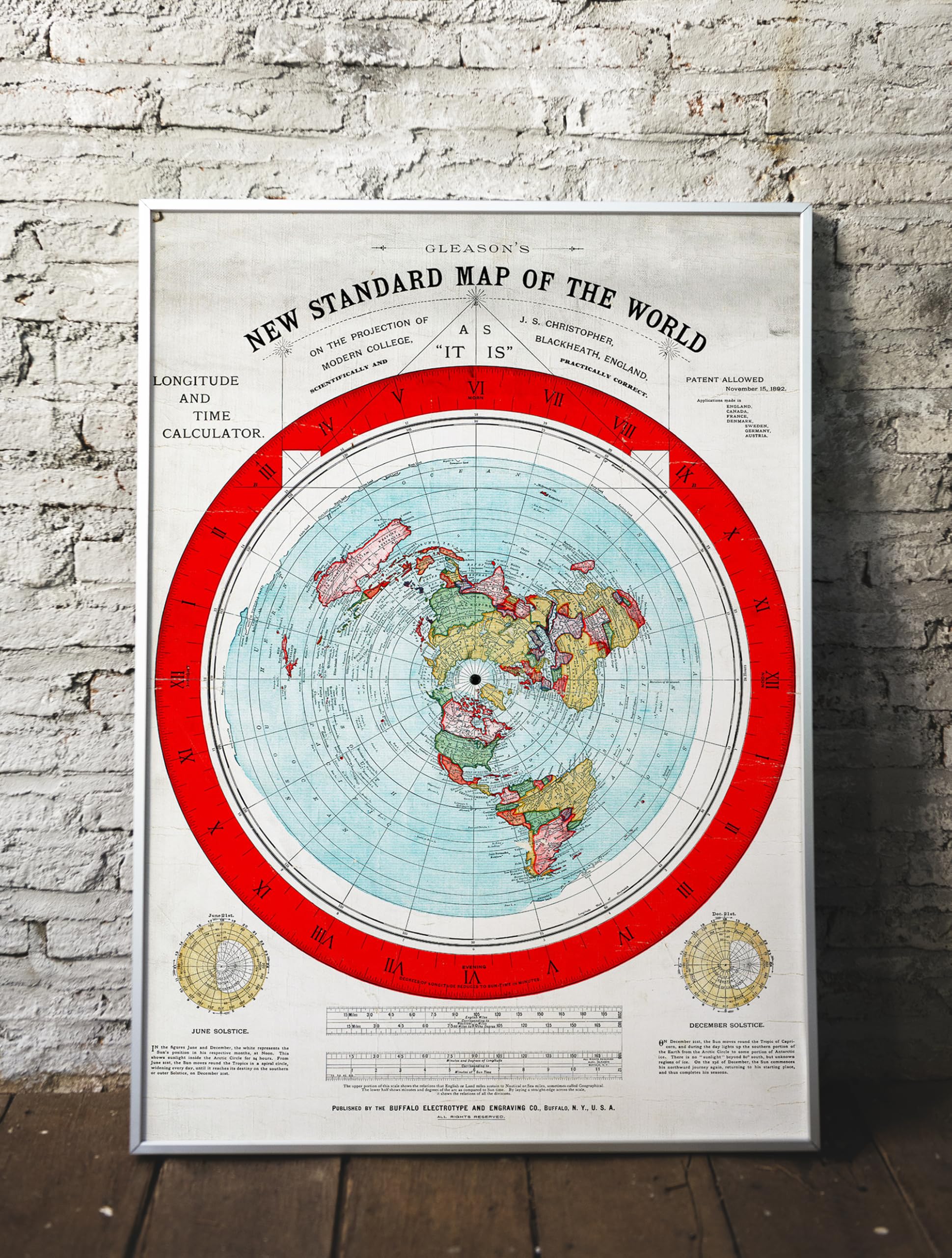 Artery8 Mappa Del Mondo 1892 Time Calculator Flat Earth - Quadro Artistico Incorniciato A3 - Scegli Colore Cornice