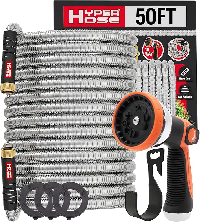 Best 50 ft Metal Garden Hose Set - No-Kink Durable 316 Stainless Steel, 10-Way Zync Spray Nozzle & Hook – Tough Flexible Heavy Duty Water Hoses, Naval Brass, Rust, Weather, LeakProof