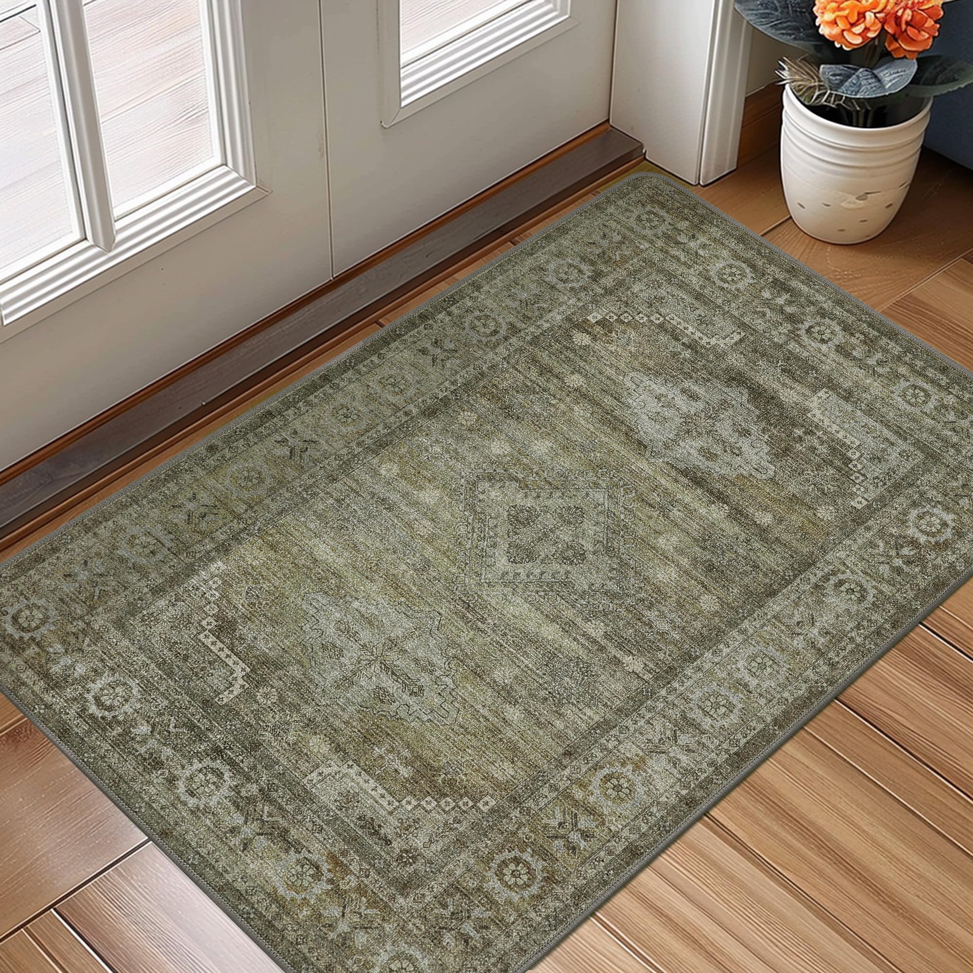 2x3 Rugs for Entryway, 2x3 Non Slip Area Rugs for Bedroom ?Machine Washable Ultra-Thin Print Boho Vintage Aesthetic Carpet, Low Pile Mat with Non Slip Rubber Backing, Distressed Sage