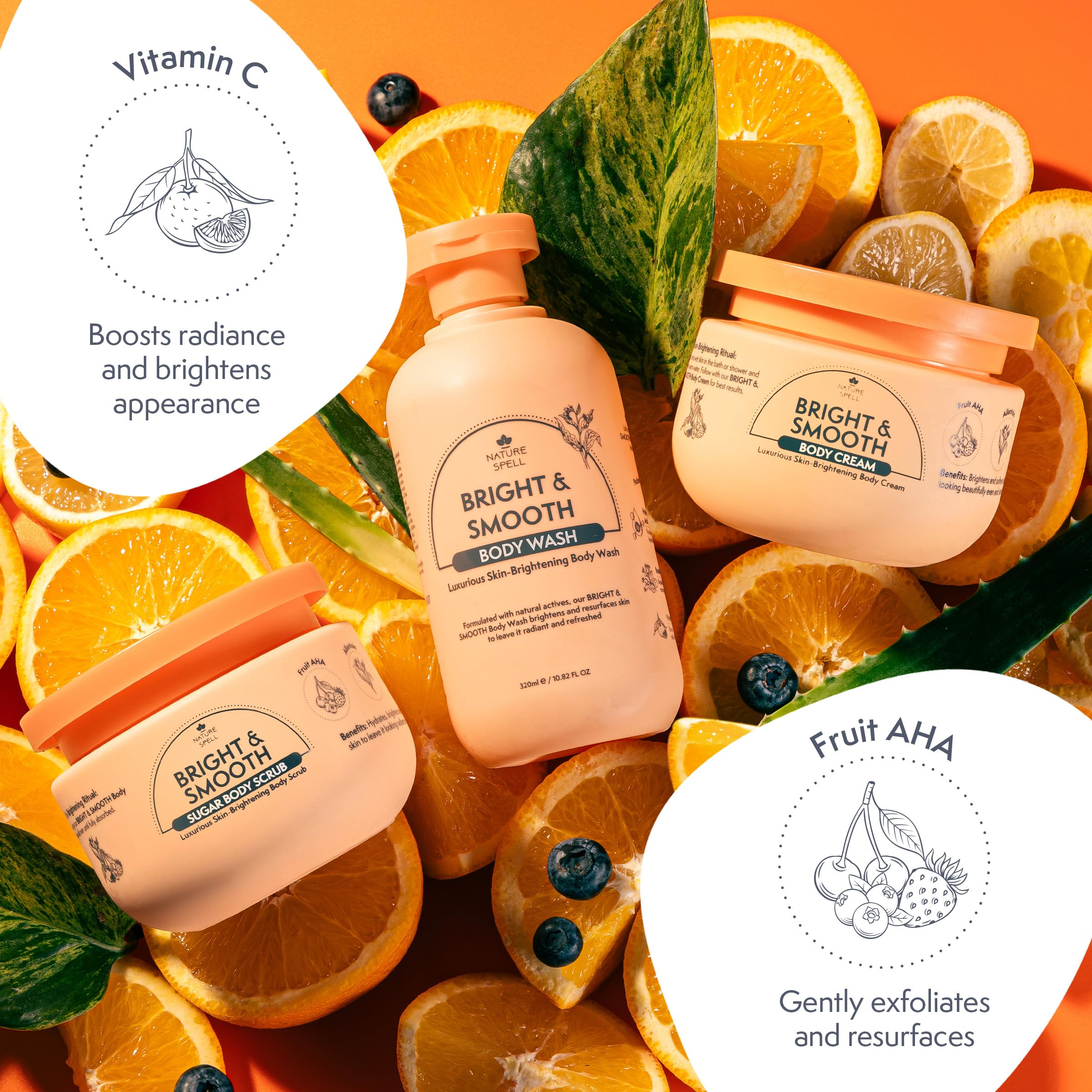 Nature Spell Bright & Smooth Body Care Gift Set for Women Body Wash, Sugar Scrub and Cream with Vitamin C, AHA Fruit - Image 3