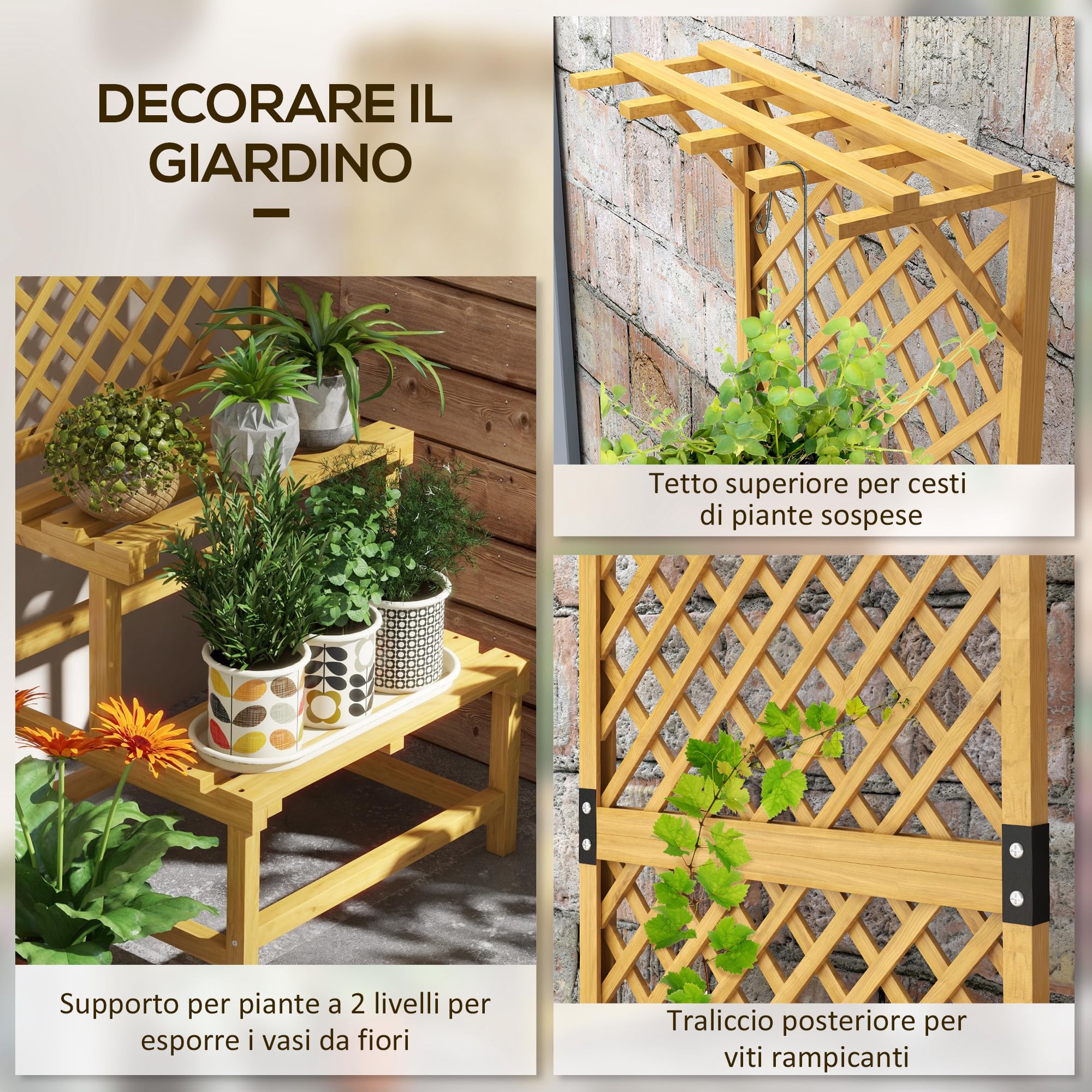 Outsunny Porta Piante da Esterno, Legno di Abete, 60x50x166 cm, Giallo | Fioriera con Grigliato per Rampicanti, Scaffale Porta Piante, 2 Ripiani a Doghe, Barra Superiore