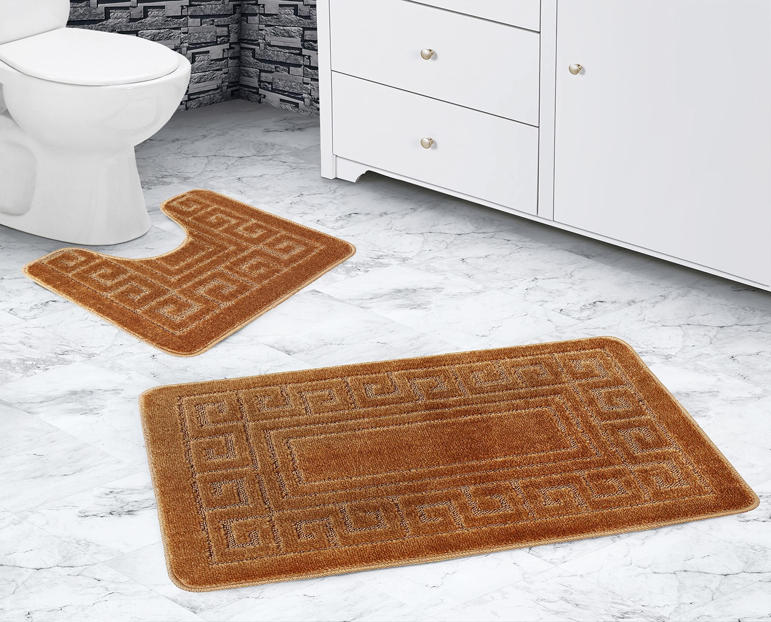 La MaisonBathroom Rug Set 2 Piece Greek Key Scroll Non Slip Bath Mat and Pedestal Mat Set Quick Dry Shower Bath Super Soft Toilet Mat Set (Beige)