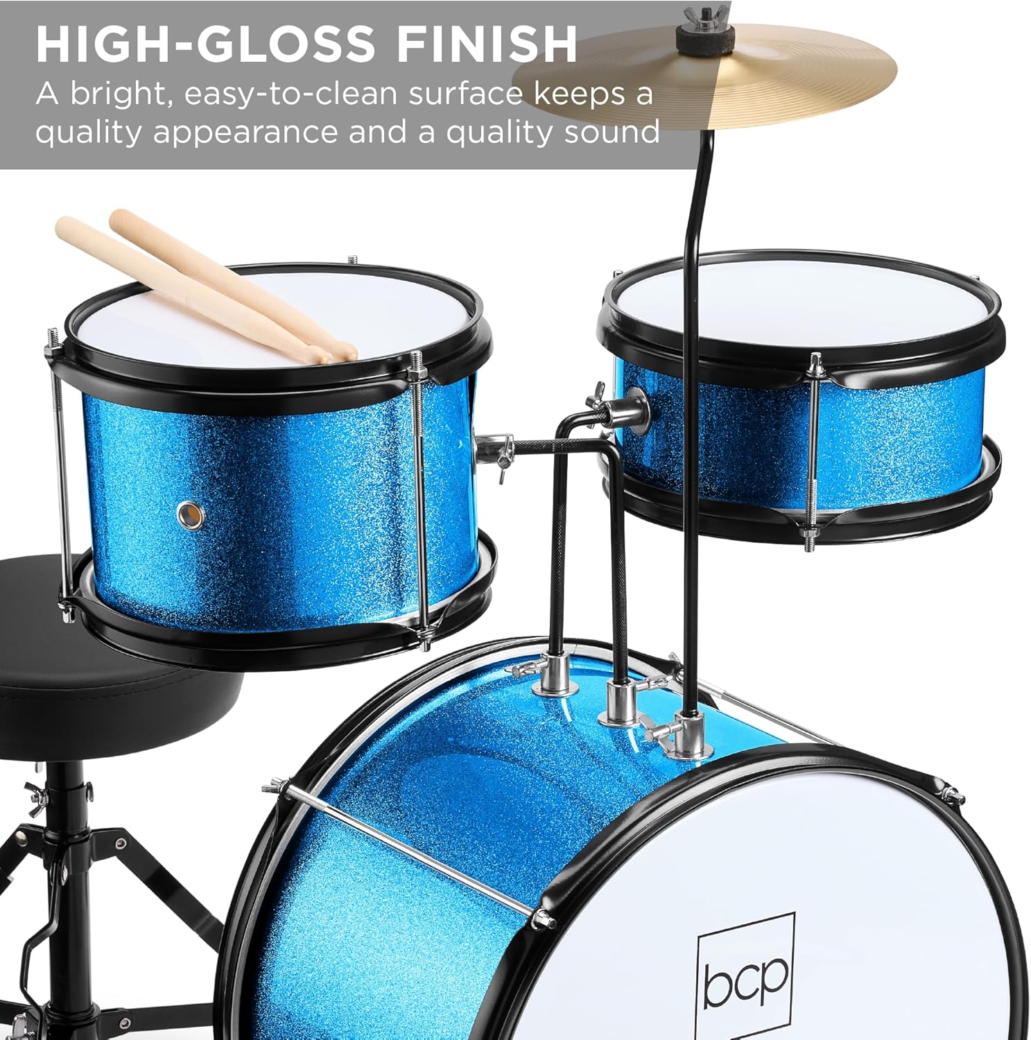 Best Choice Products 3-Piece Beginner Drum Set for Kids Juniors, w/Throne Stool, Cymbal, Drum Sticks, Bass Drum Pedal, 2 Toms - Light Blue Sparkle