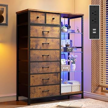 EnHomee Dresser with LED Lights & Power Outlets, 8 Drawers, 54" H, Brown | Maximized vertical storage, Stable Metal Frame with Acrylic Plates, Fabric Drawers for Closet & Living Room, Easy Assembly