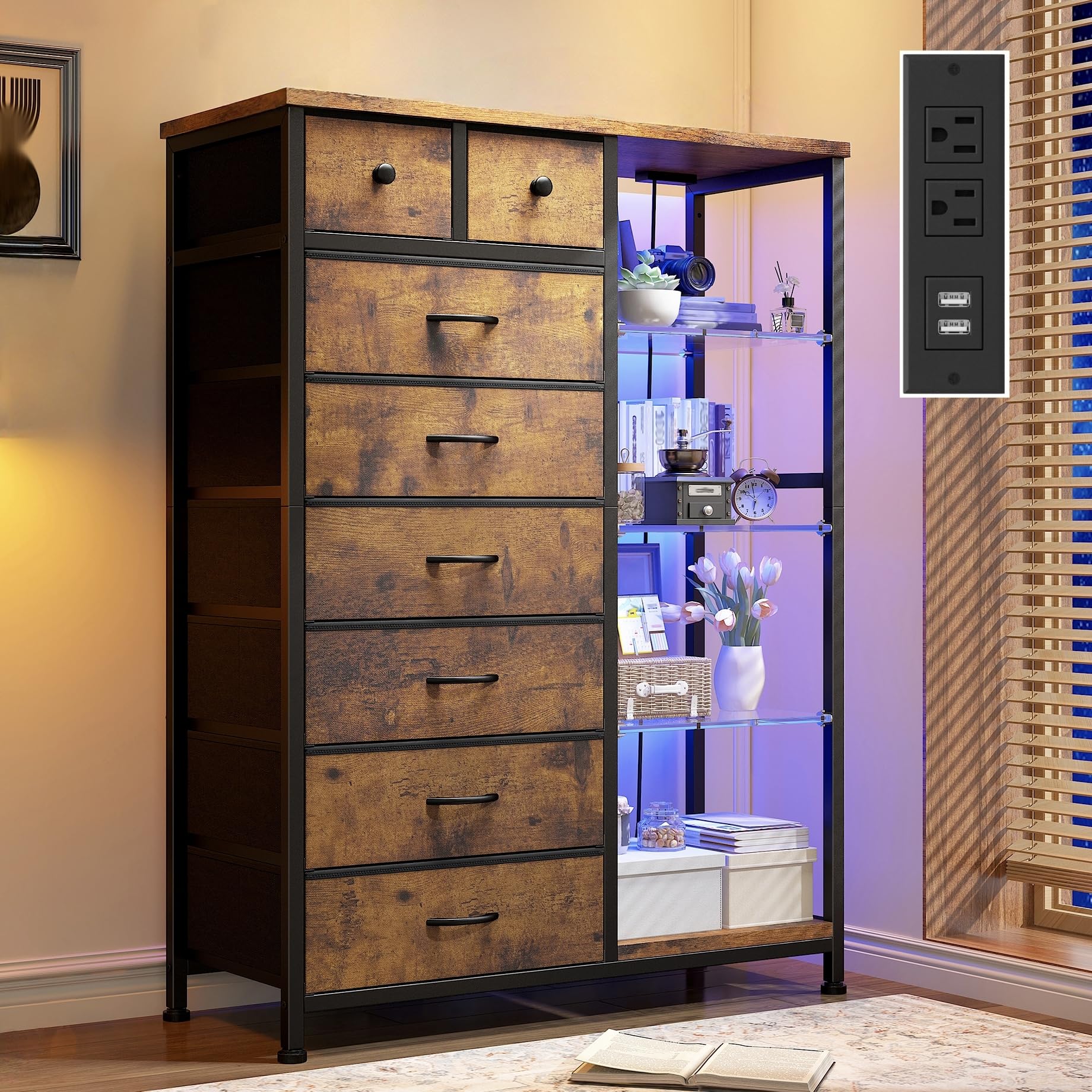 EnHomee 54" H Dresser for Bedroom with LED Lights & Power Outlets Dresser with 8 Drawers Fabric Dressers & Chests of Drawers for Bedroom, Sturdy Metal