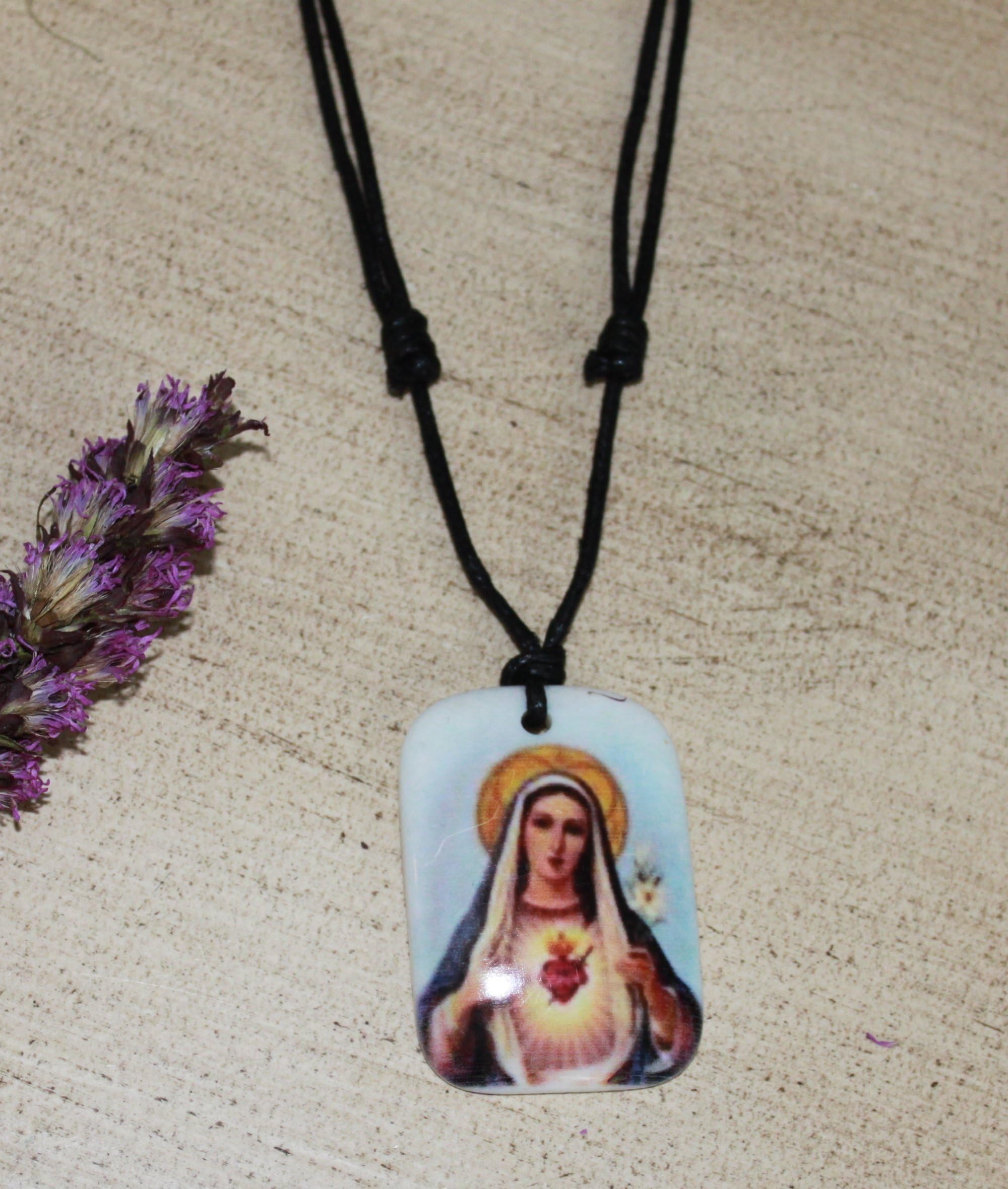 FavorOnline Colorful Religious Heart of Mary Icon Scapular Pendant-Necklace with Rat-Tail Adjustable Cord