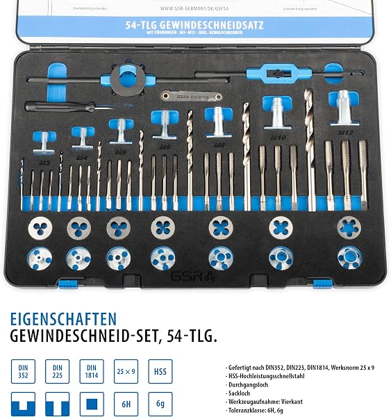 GSR 54 Piece Die Set for Precise Internal and External Threads HSS M3-M12 with Hand Augers, Guides, Twist Drills for Core Holes, Blades, Tools - 2