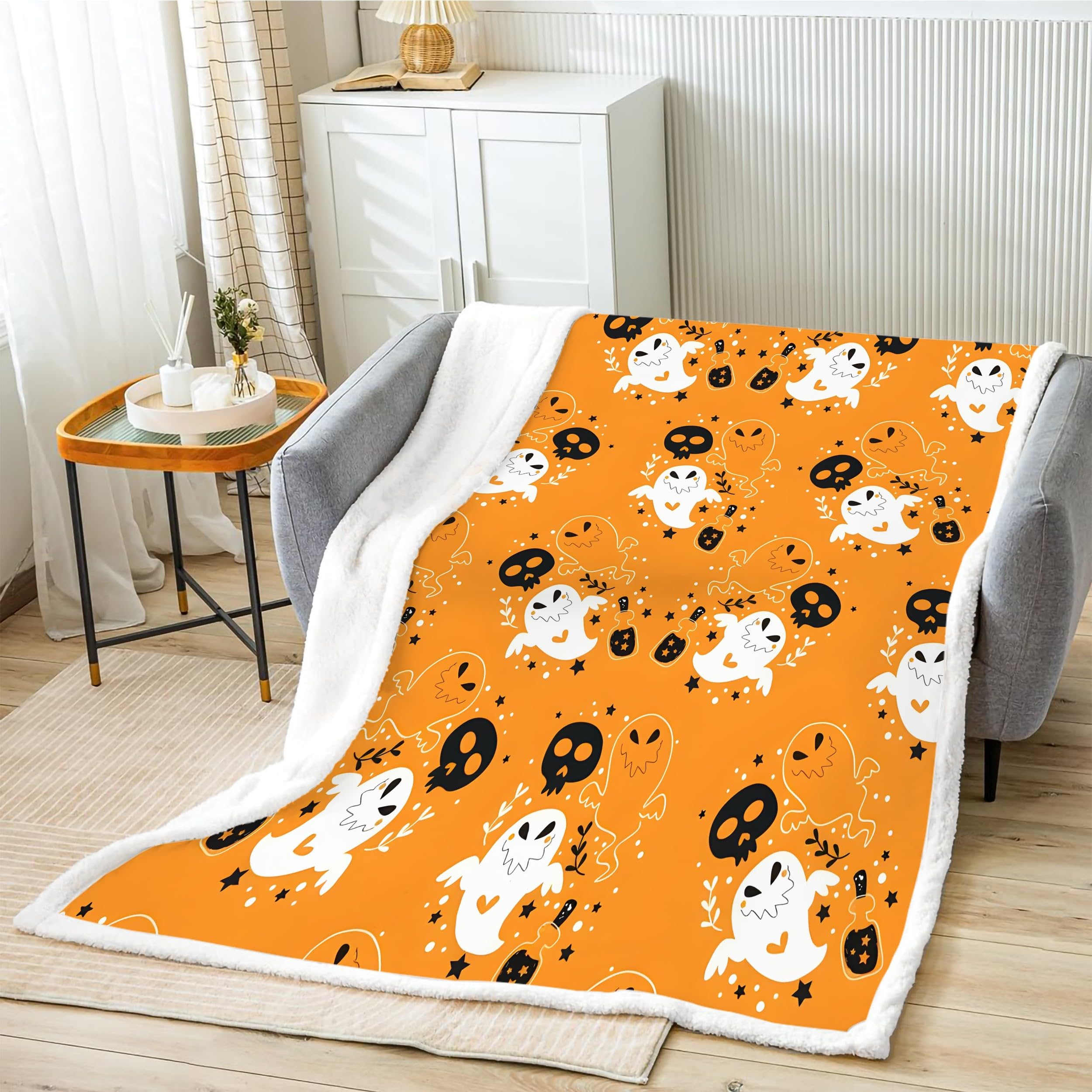 Halloween Geist Sherpa Kuscheldecke Flauschig 150x200 - Sofadecke
