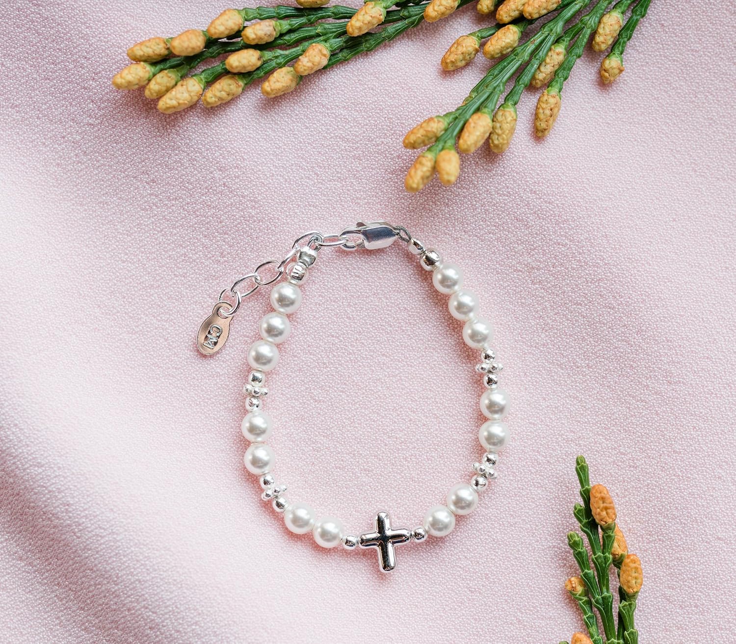 Cherished Moments Girls 925 Sterling Silver or 14K Gold-Plated Cross Bracelet with Simulated Pearls for Baptism or First Communion Gift