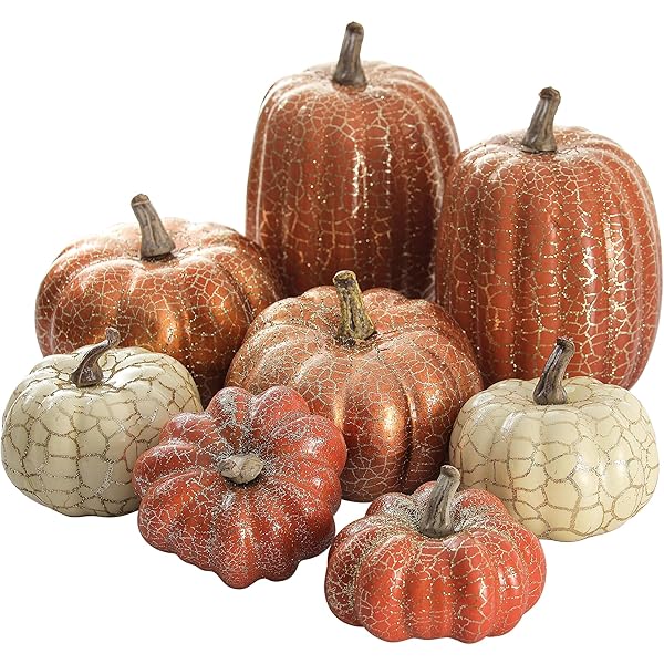 Artgar Pumpkin Decor, 8 PCS Halloween Pumpkin, Metal Cracked Design Foam Pumpkins for Halloween Thanksgiving Fall Home Table Indoor Outdoor Decorations