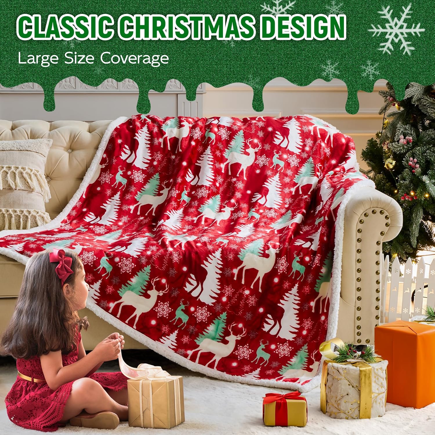 Christmas Throw Blanket, Christmas Decorations Gifts for Women, Sherpa Flannel Fleece Winter Holiday Blanket, Fluffy Cozy Soft Christams Throws for Couch Sofa Bed, DoubleDeer, 50" X 60" - Image 5