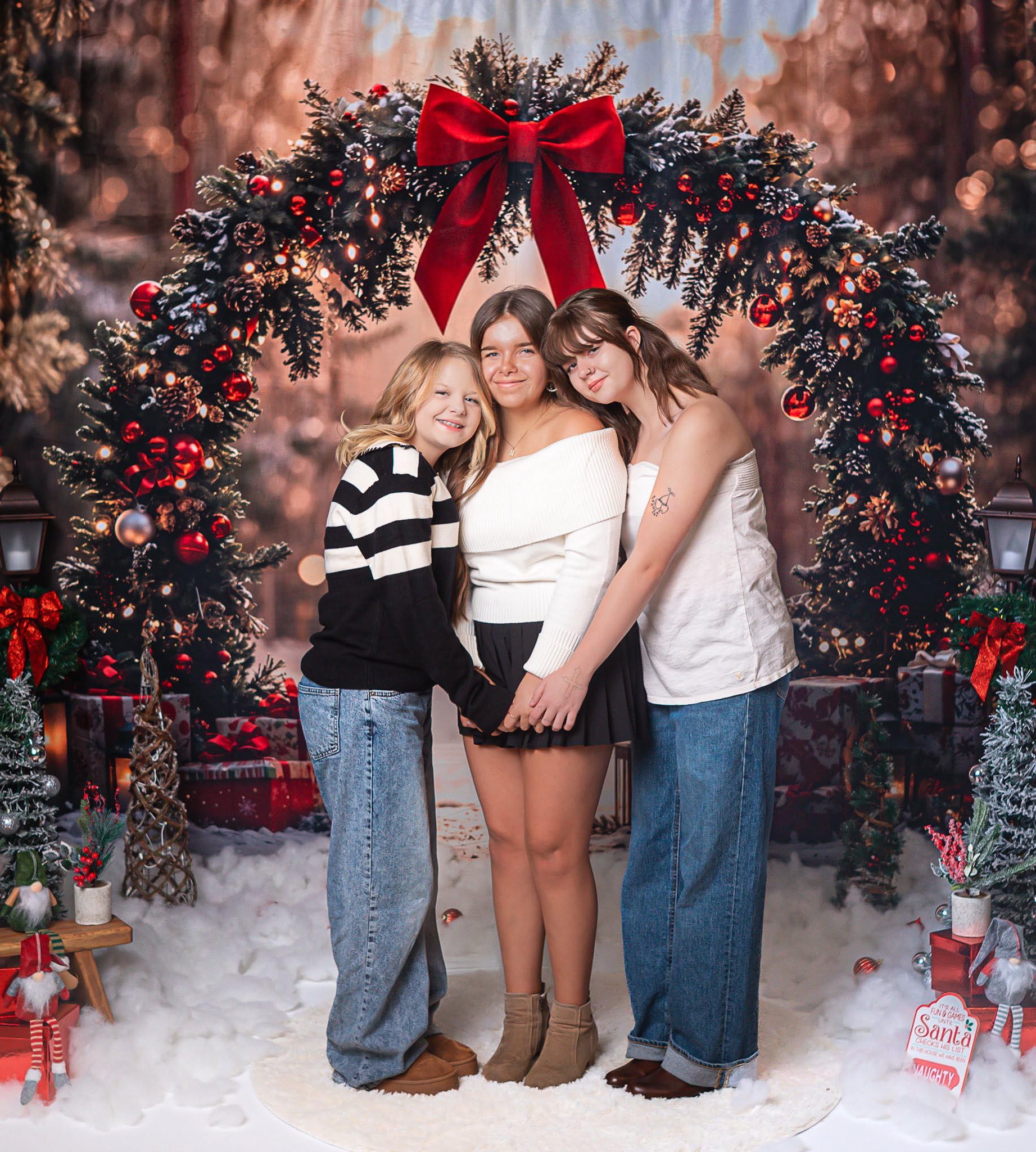 Fondali fotografici natalizi Kate 3x2.5m/10x8piedi Inverno Arco natalizio Arco Foresta Illuminata dal sole Sfondo regali Compleanno per bambini Ritratto di famiglia Sfondo fotografico