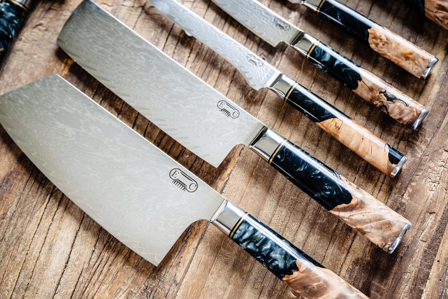 Epicurean Cook 8-Piece Damascus Knife Set with Japanese VG10 Steel Core - Ultra Sharp Kitchen Knives with 67 Layers of Damascus Steel - Burl Wood Black Resin Handles
