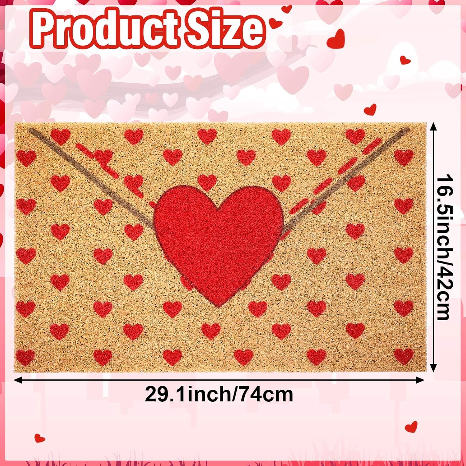 Dunzy Valentines Day Coir Doormat Heart Envelope Welcome Doormat Floor Mat Entrance Door Rugs with Non Slip Rubber Backing for Indoor Outdoor Home Bathroom Decor, 29.13 x 16.54'', Brown & Red