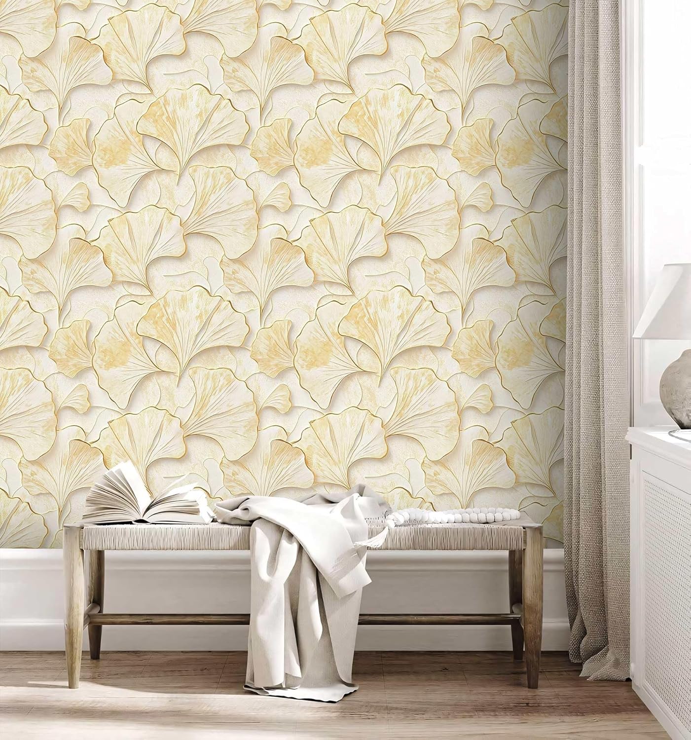 Ginkgo Leaves Peel and Stick Wallpaper, Gold and Yellow Wallpaper, Self Adhesive Vinyl Modern 3D Wall Paper for DIY Home Decor, 17.7in x 236in