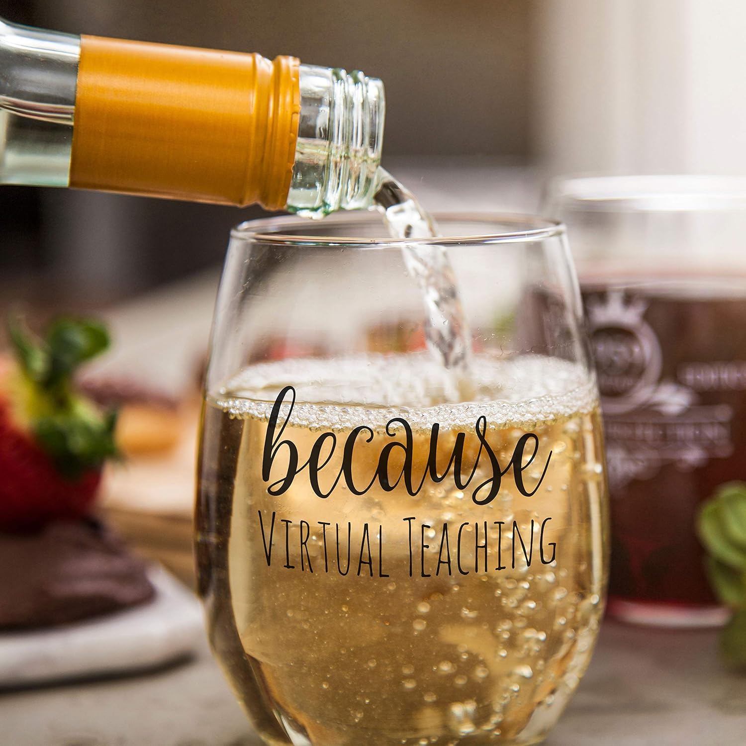 Because Virtual Teaching - Funny Stemless Wine Glass 15 oz – Teacher Appreciation or Birthday Gift Idea for Him or Her – Professor or Teaching Assistant Present for Online Learning