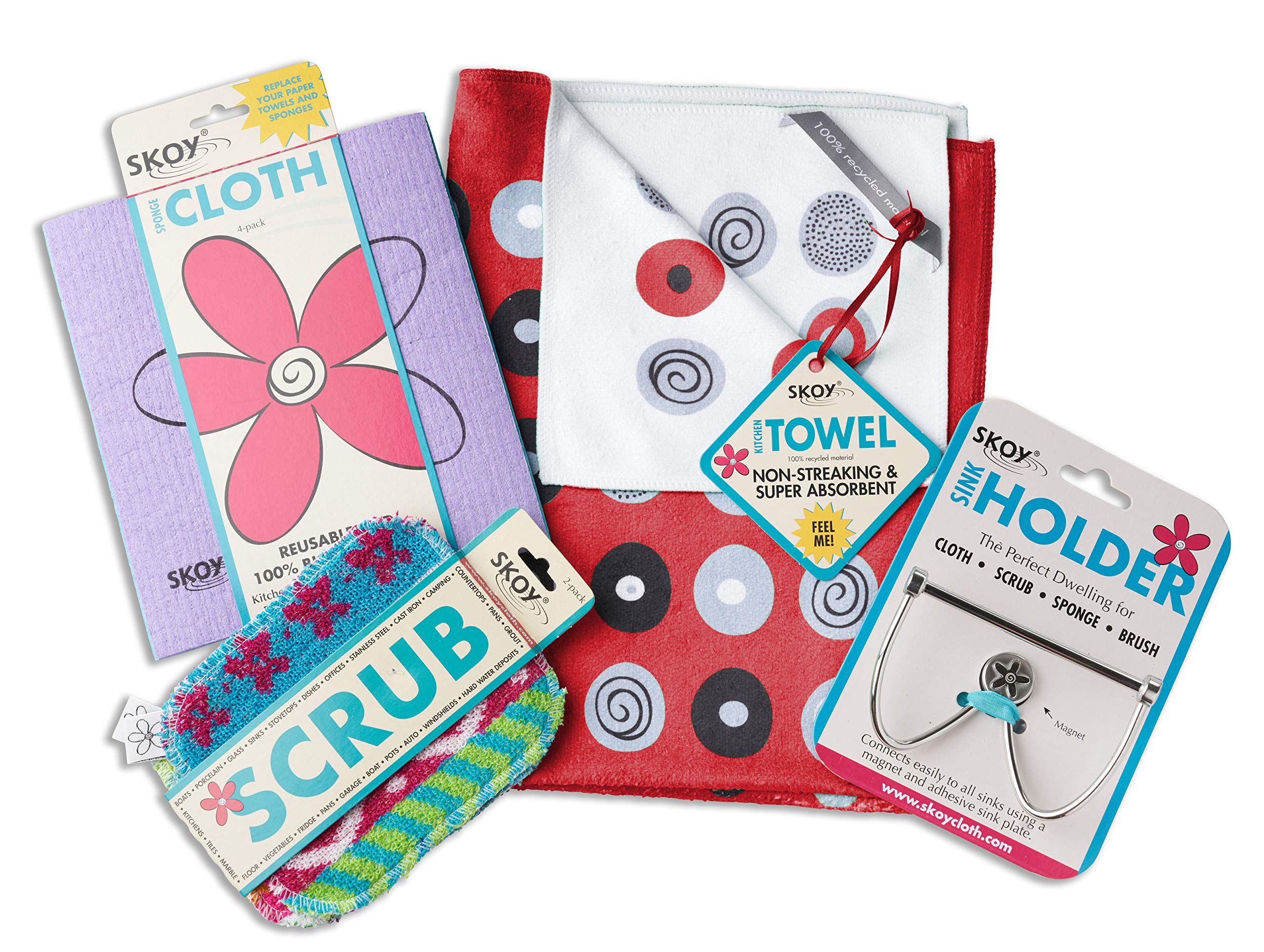 SkoyCleaning Bundle - Cloth, Scrub, Towel and Sink Holder - Red