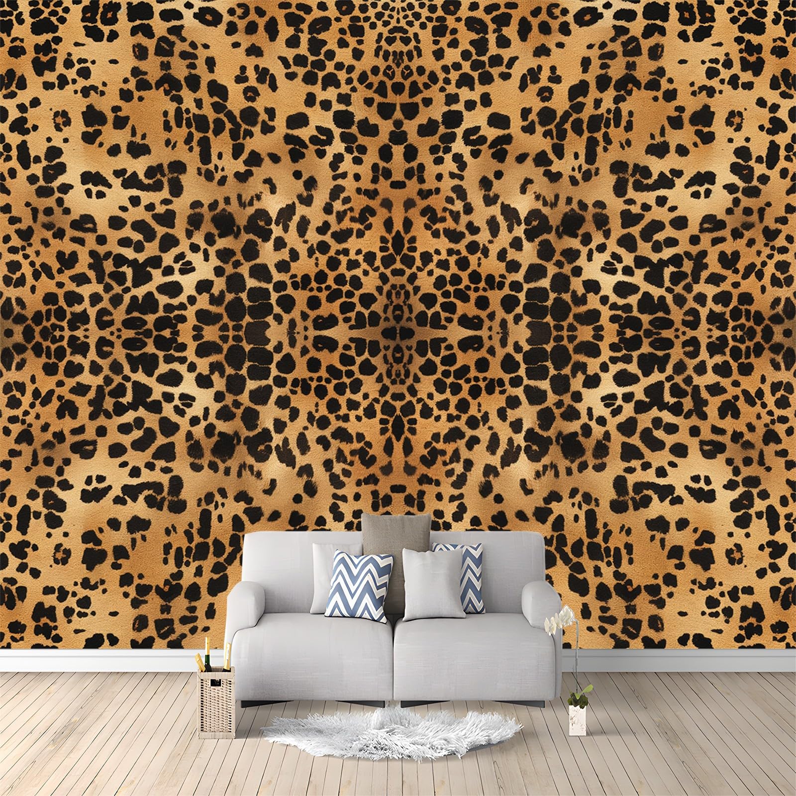 Tapeta 350 x 256 cm, tapeta z włókniny, wzór panterki, nadruk zwierzęcy, wodoodporna, folia ochronna na ścianę, do sypialni, salonu, tapeta ścienna, fototapeta, ciepły brąz, w zestawie poradnik do