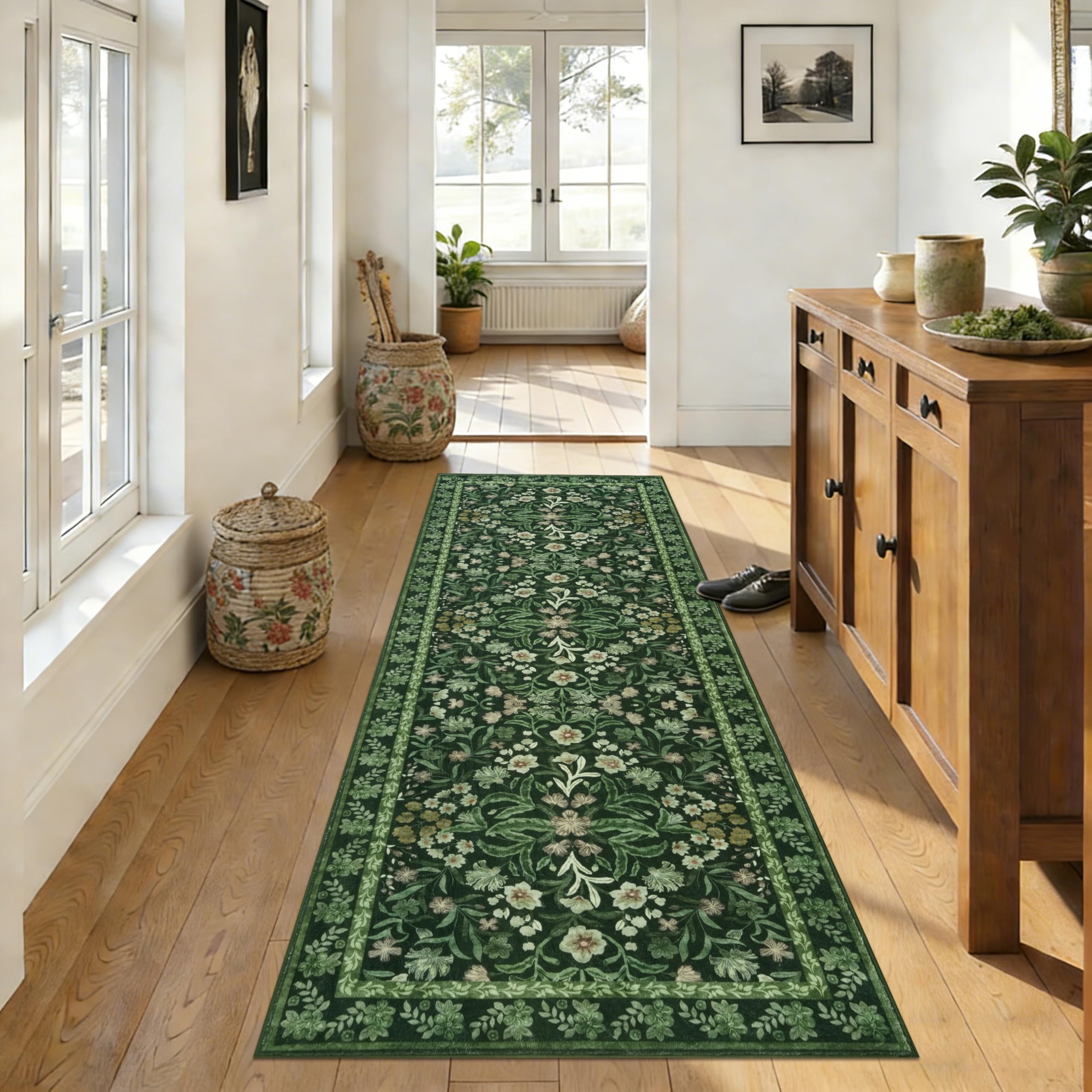 Alfombra cocina lavable antideslizante verde 80x200cm motivo floral 1