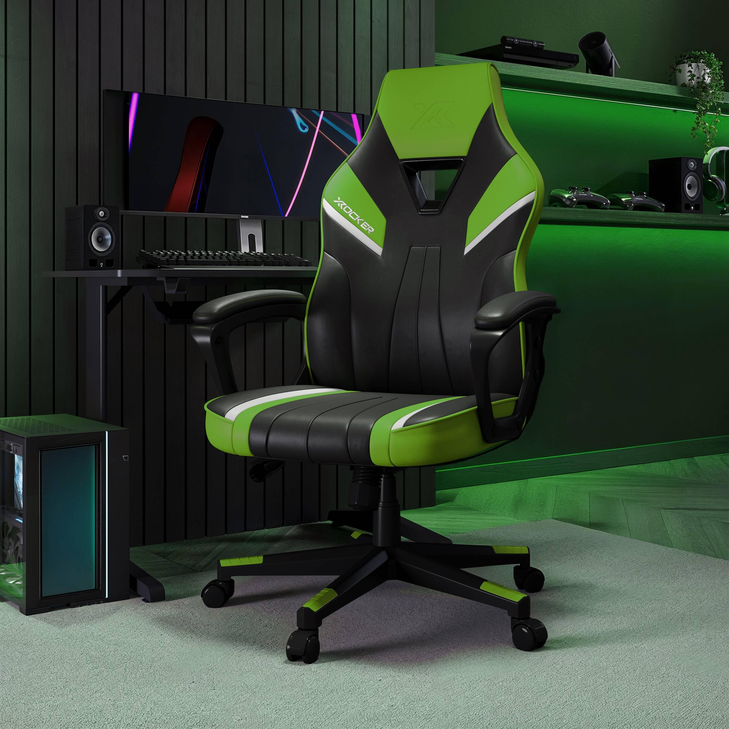 X-Rocker Tempest High Back Ergonomic Office Gaming Chair for Adults & Teens - Extra Wide Seat, Cushioned Armrest, Height Adjustable, Wipe-Clean Faux Leather - Green — image 1