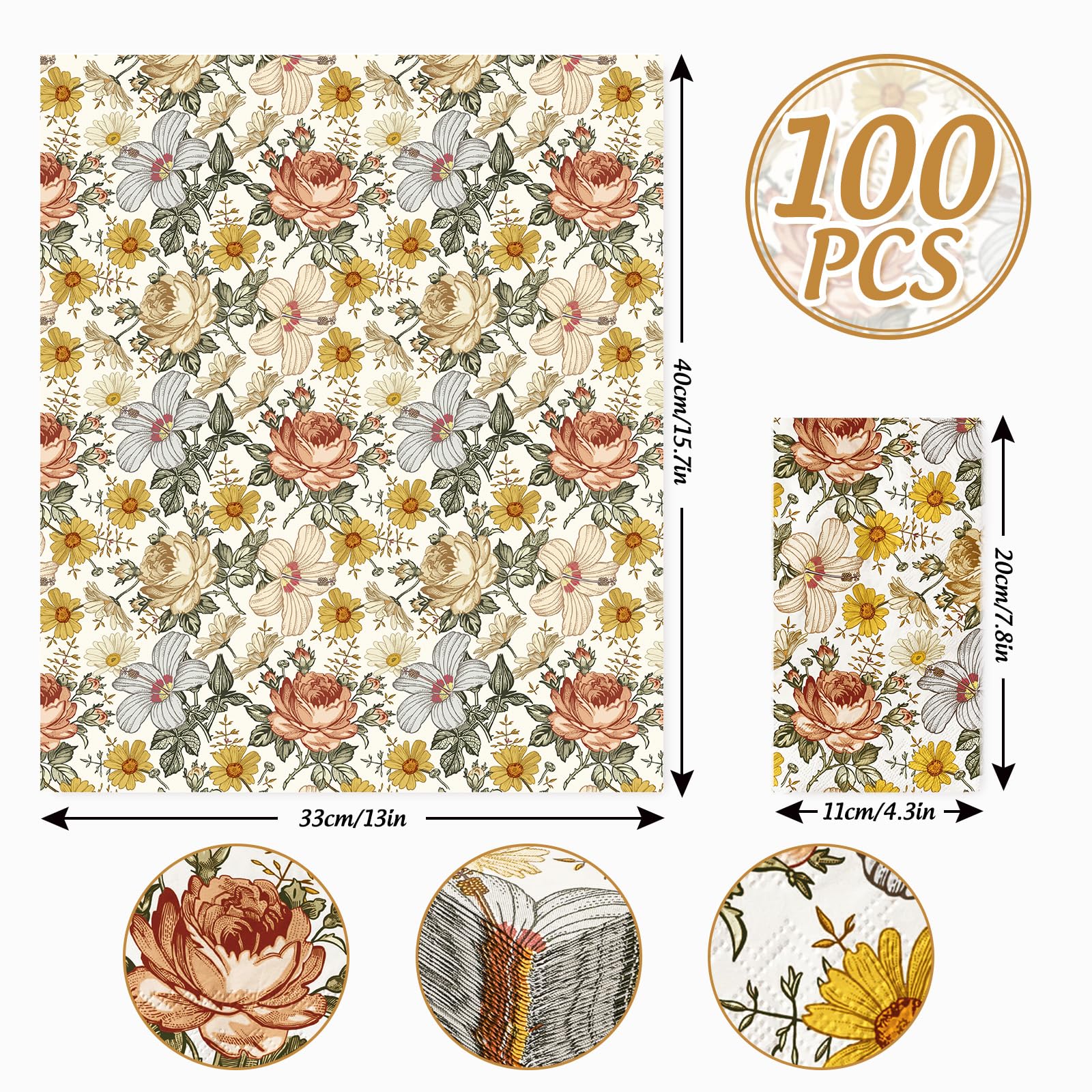 AnyDesign 100 Pack Vintage Floral Guest Napkins Disposable Boho Flower Paper Napkins Red Retro Peony Daisy Wildflower Dinner Hand Napkin for Wedding Birthday Party Supplies, 15.7 x 13 Inch