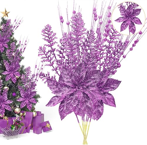 Miniatura 8 de Adornos artificiales de tallo de bayas con purpurina, 18 unidades de 17.5 pulgadas doradas falsas decoraciones de Navidad con flores de Pascua de