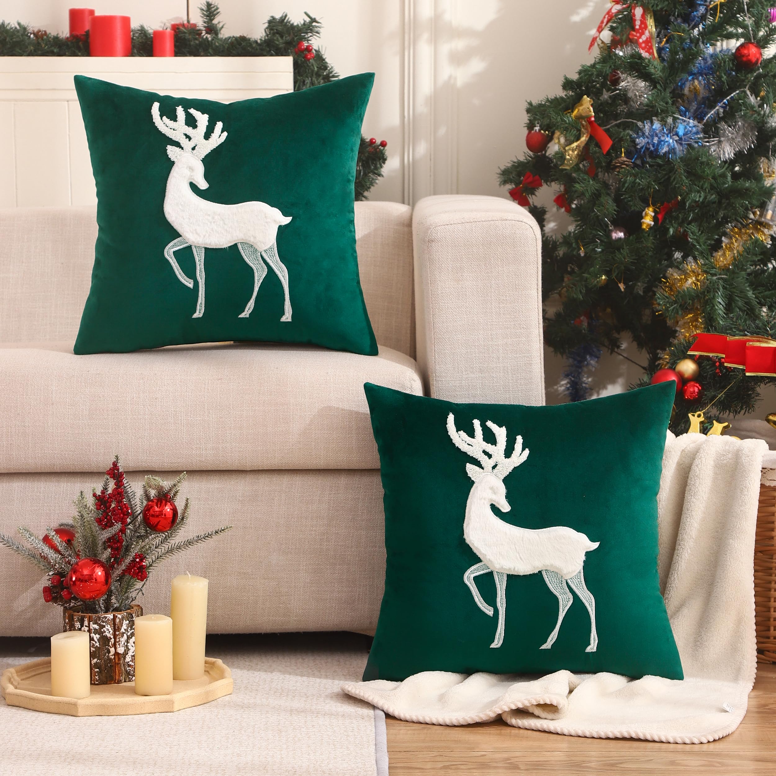 Tosleo Set di 2 federe per cuscino con ricamo natalizio, 30,5 x 50,8 cm, in velluto, motivo alberi di Natale, colore: verde bosco, morbide federe per cuscini lombari