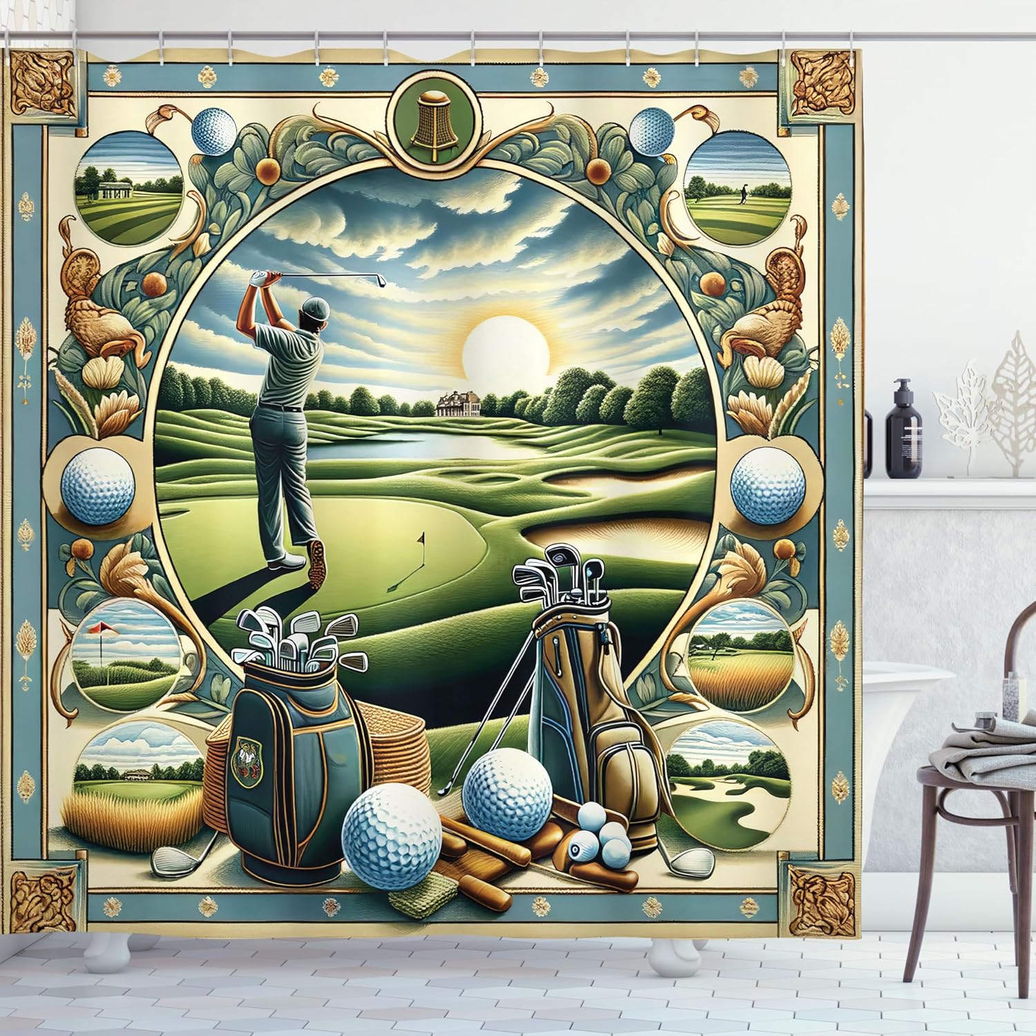 Ambesonne Golf Themed Shower Curtain, Hobby Concept Classicism Style Painting Effect Hills Sunrise, Cloth Fabric Bathroom Decor Set with Hooks, 69" W x 84" L, Fern Green Blue and Mustard